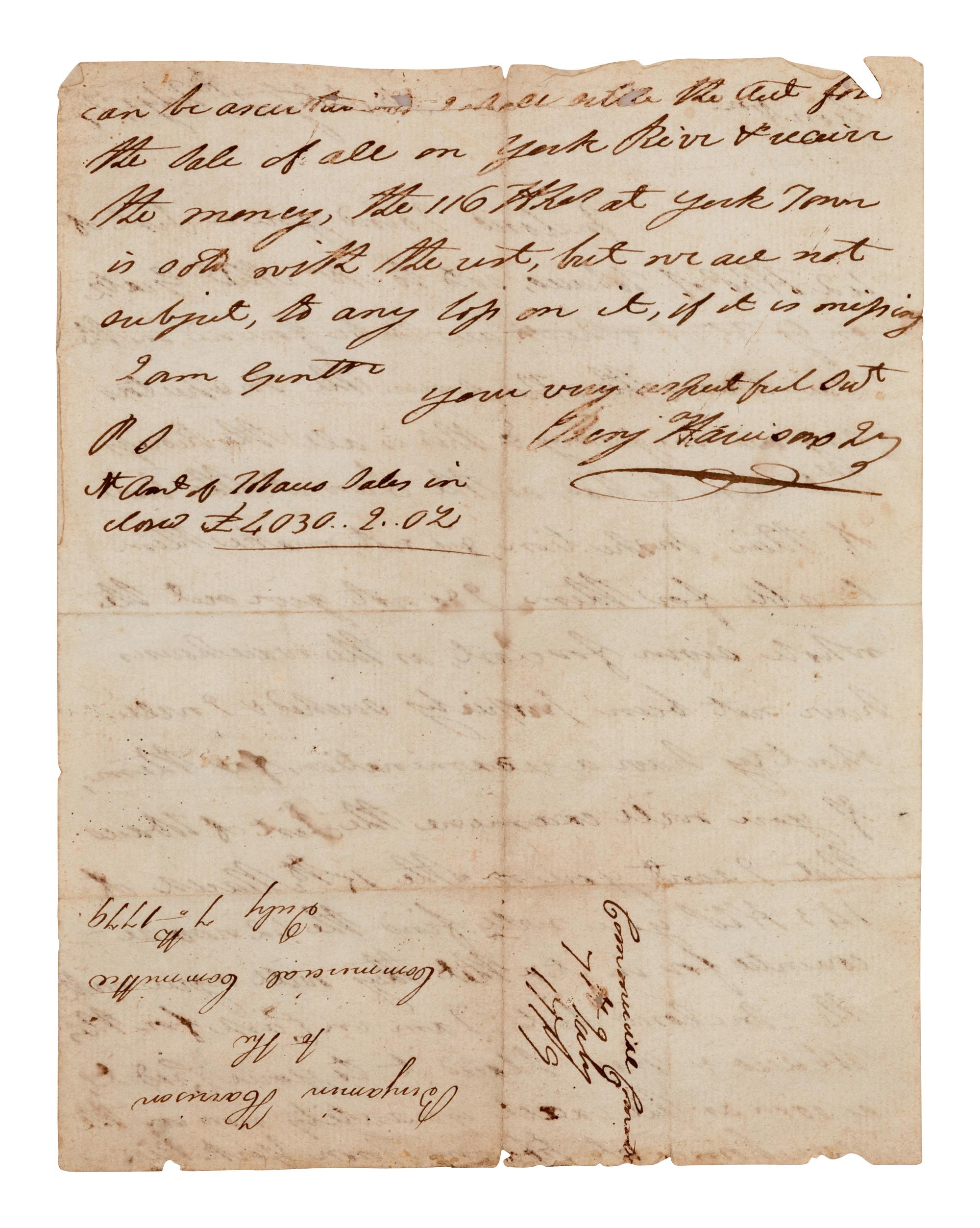HARRISON, Benjamin (1726-1791), signer of the Declaration of Independence. Autograph letter signed ("Benj. Harrison"), as Governor of Virginia, to the Commercial Committee. Beckley, 7 July 1779.