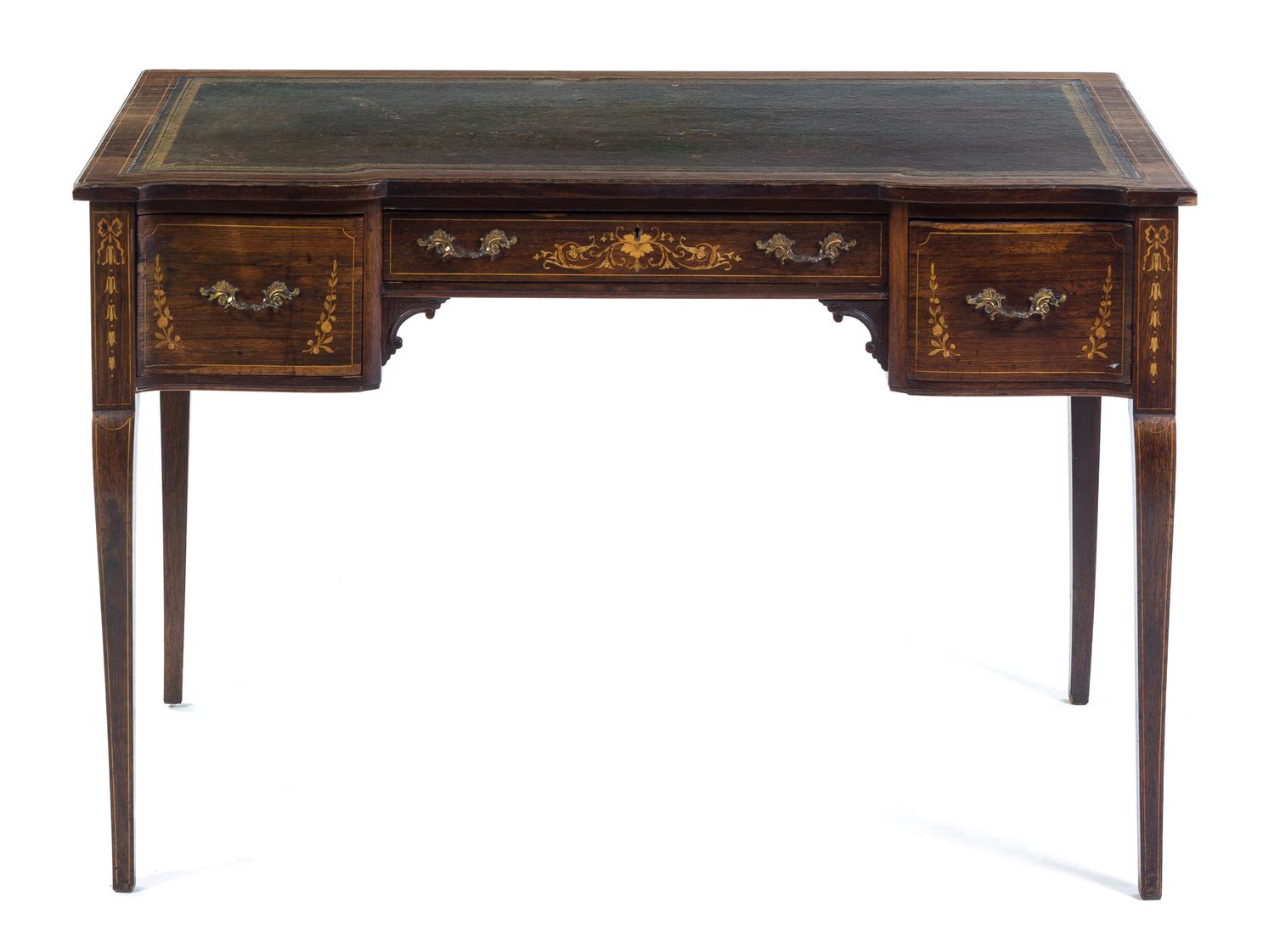 A Georgian Style Marquetry Decorated Rosewood Desk Height 28 1/2 x width 42 1/2 x depth 22 1/4 inches. — 19TH CENTURY