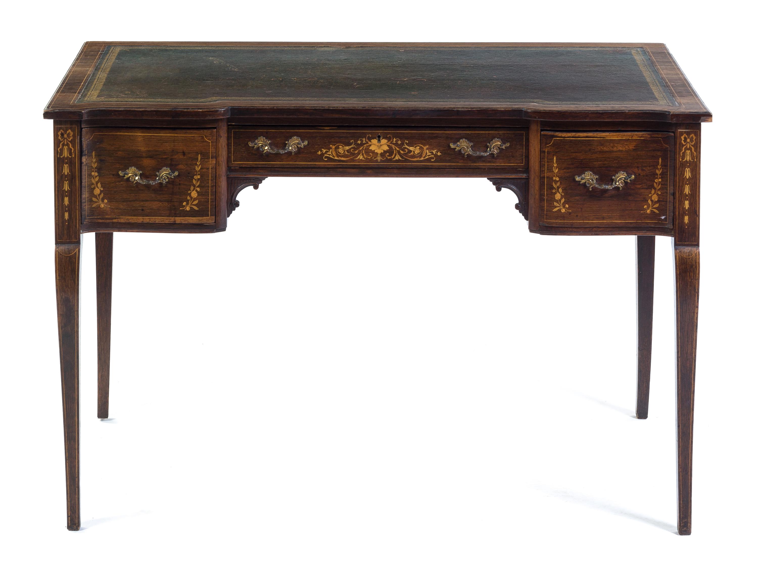 A Georgian Style Marquetry Decorated Rosewood Desk Height 28 1/2 x width 42 1/2 x depth 22 1/4 inches. — 19TH CENTURY