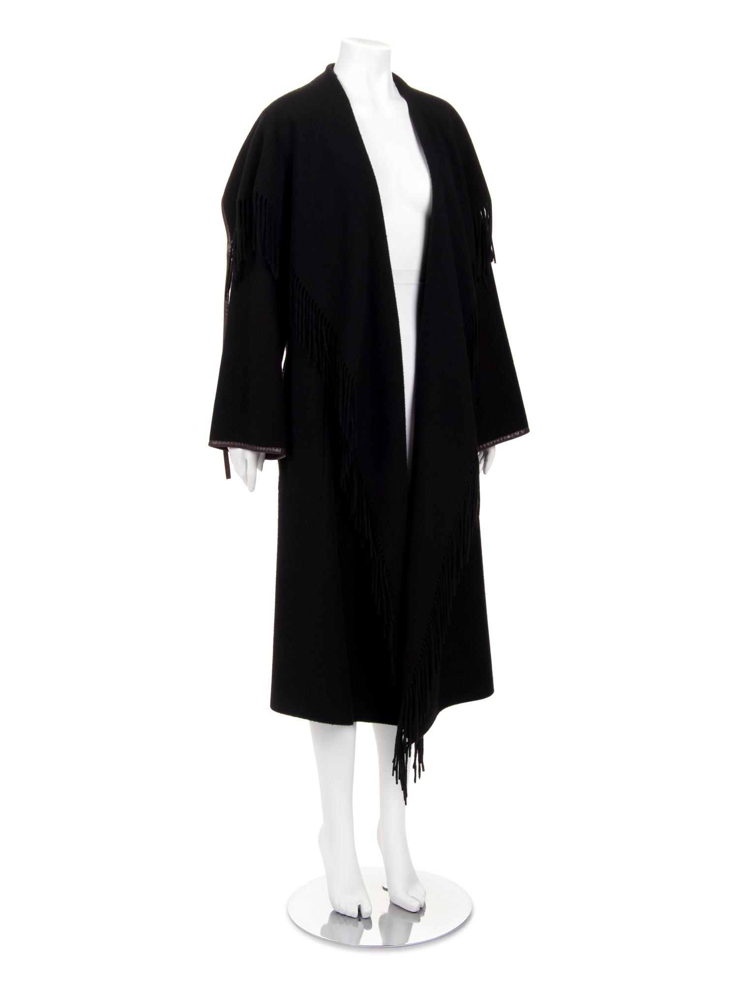 Hermès Cashmere Fringed Coat Trimmed with Leather