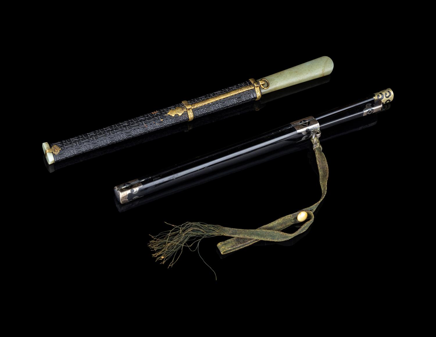 Two Black-Lacquered Wood Knife and Chopsticks Sets