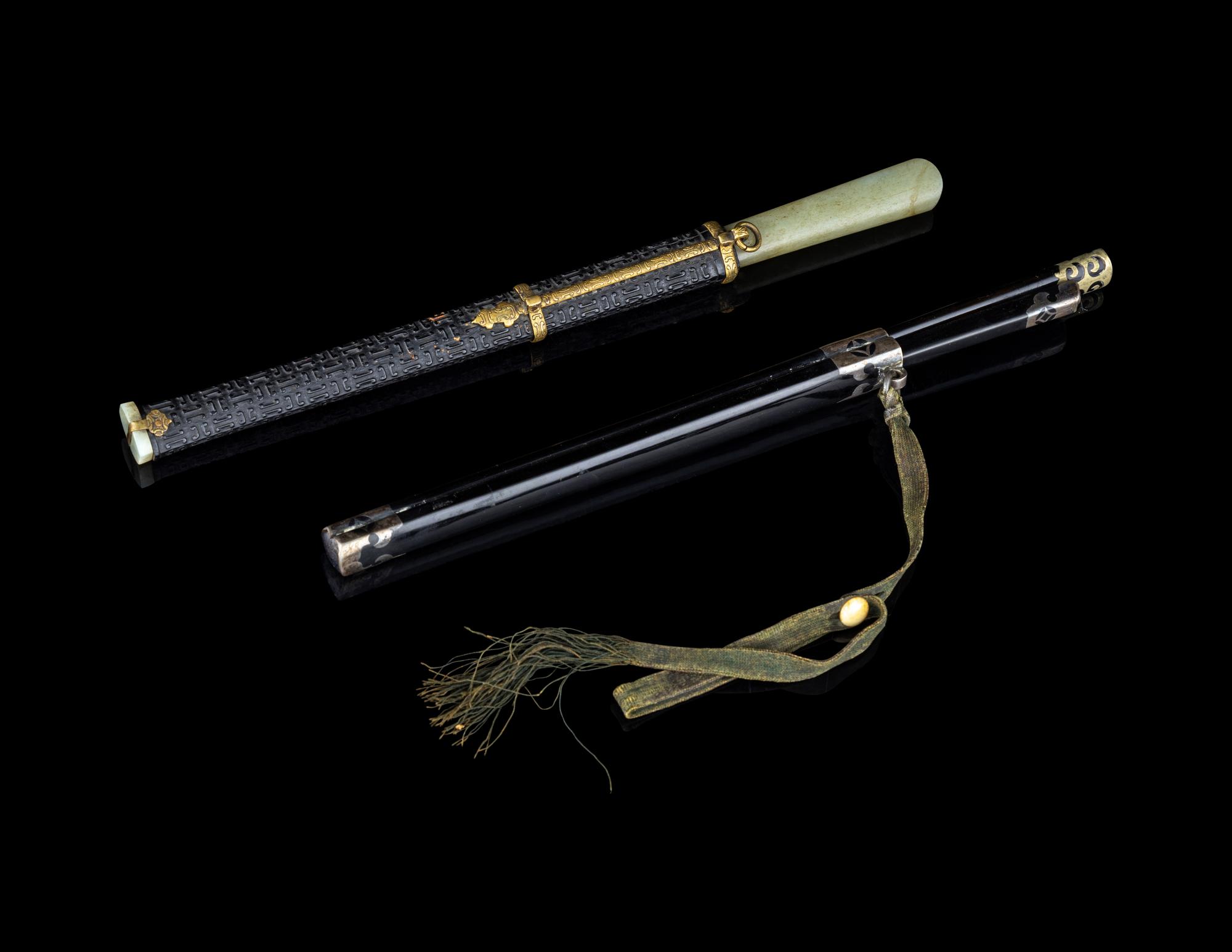 Two Black-Lacquered Wood Knife and Chopsticks Sets