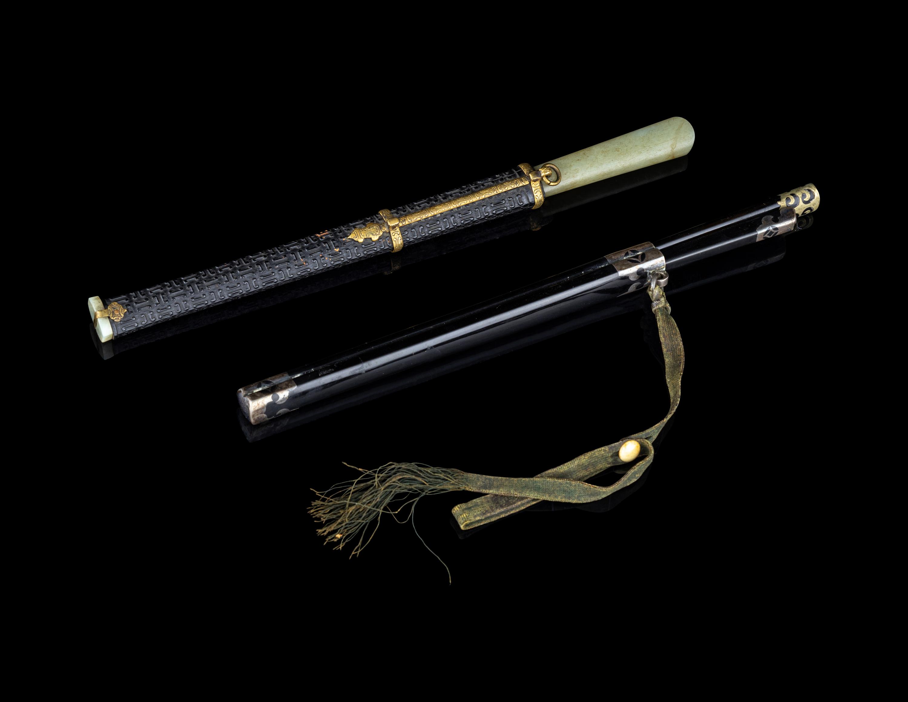 Two Black-Lacquered Wood Knife and Chopsticks Sets