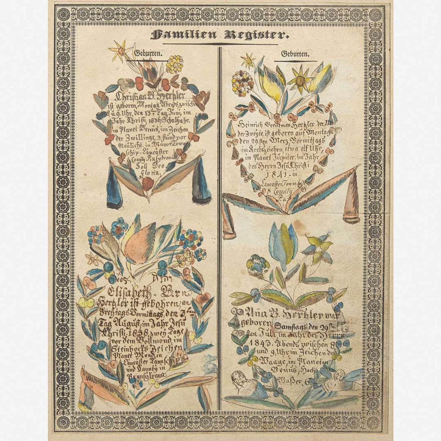 Carl Friedrich Seybold (active c. 1818-1843) Fraktur: Family Register for the Hertzler Family of Lancaster Township, Lancaster County, PA, circa 1843
