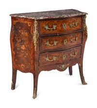 A Louis XV Style Gilt Bronze Mounted Marquetry Marble-Top Commode