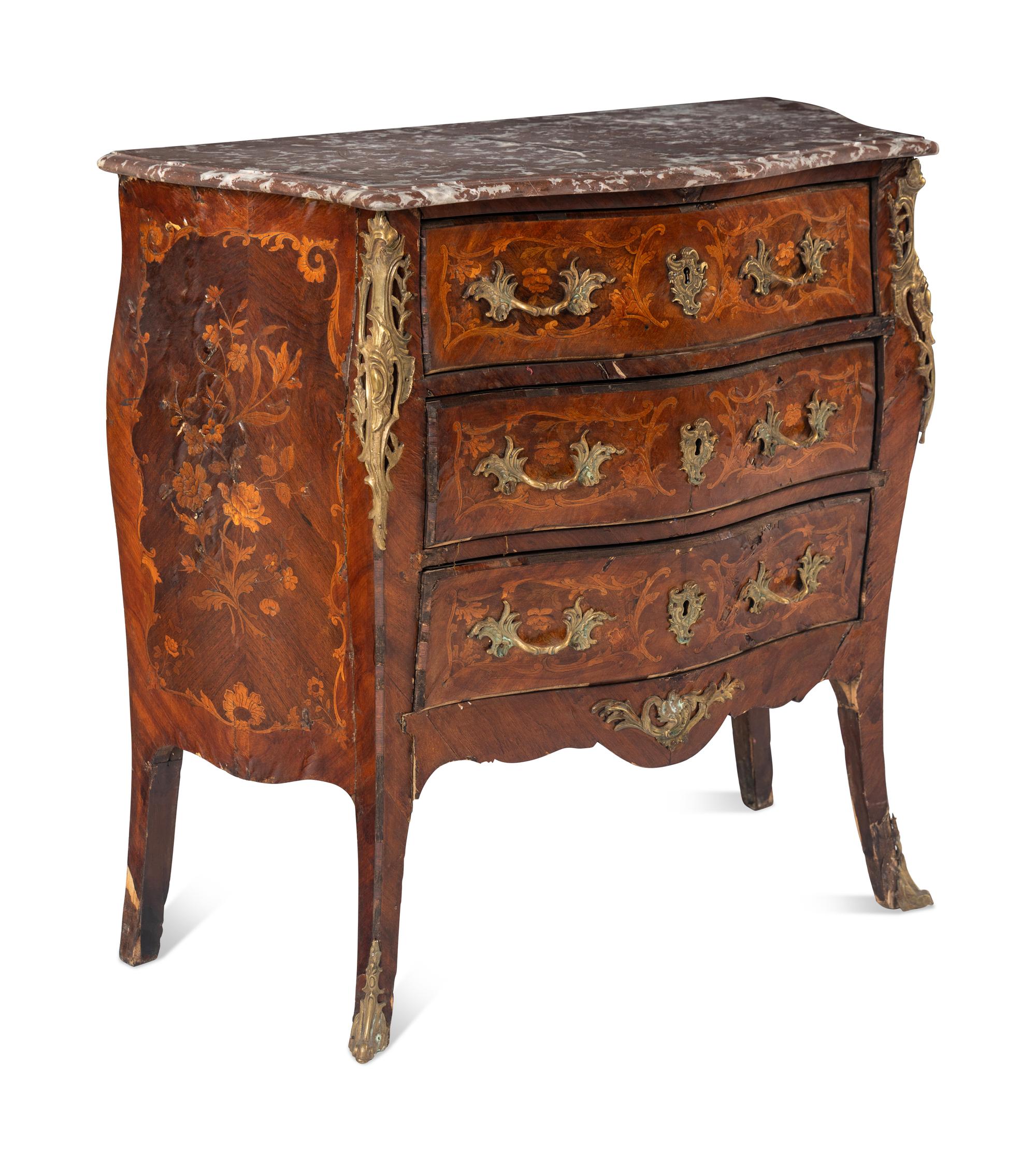 A Louis XV Style Gilt Bronze Mounted Marquetry Marble-Top Commode