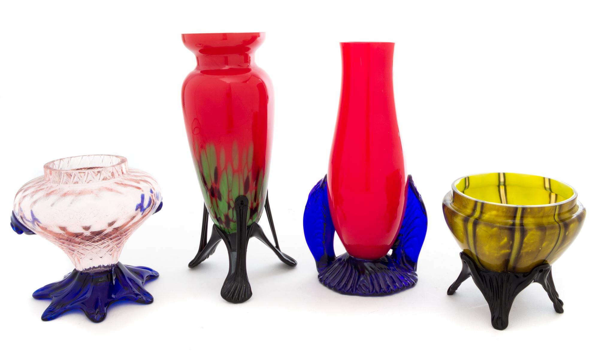 Four Czechoslovakian Applied Glass Vases Height of tallest 8 1/4 inches.