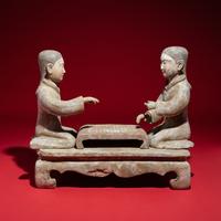 Two Chinese Painted Pottery Ladies Playing Liubo , Western Han Dynasty — 西漢 灰陶彩繪女對弈俑一組