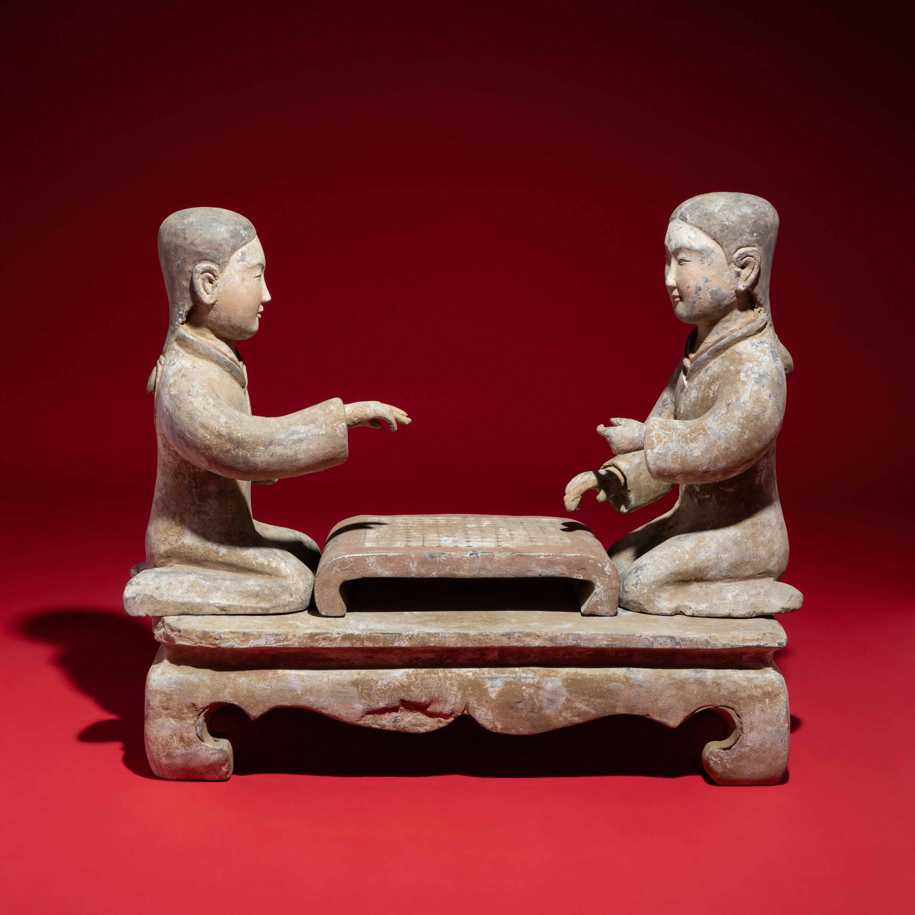 Two Chinese Painted Pottery Ladies Playing Liubo , Western Han Dynasty — 西漢 灰陶彩繪女對弈俑一組
