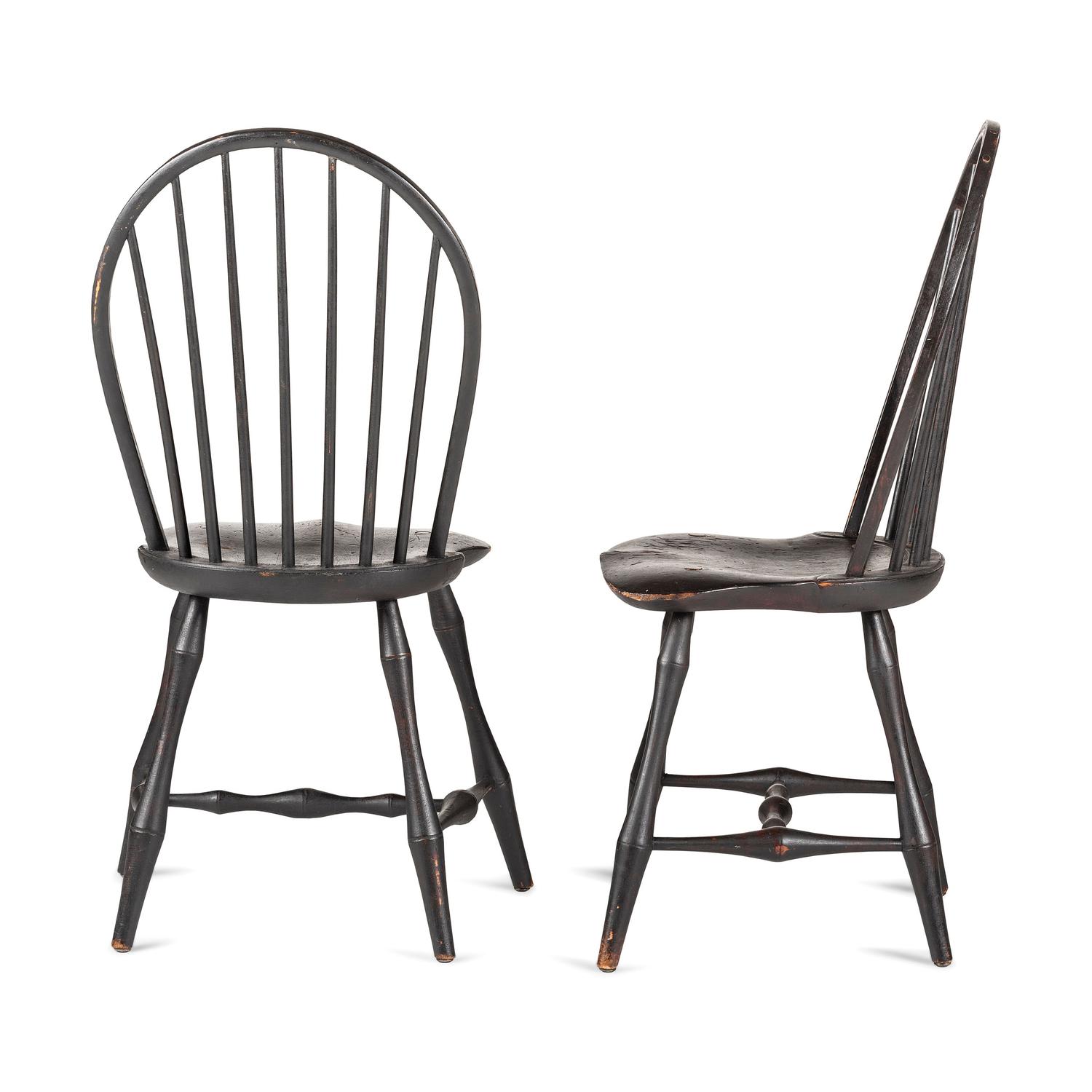 A Set of Six Black-Paint Decorated Compass Seat Bow Back Windsor Side Chairs