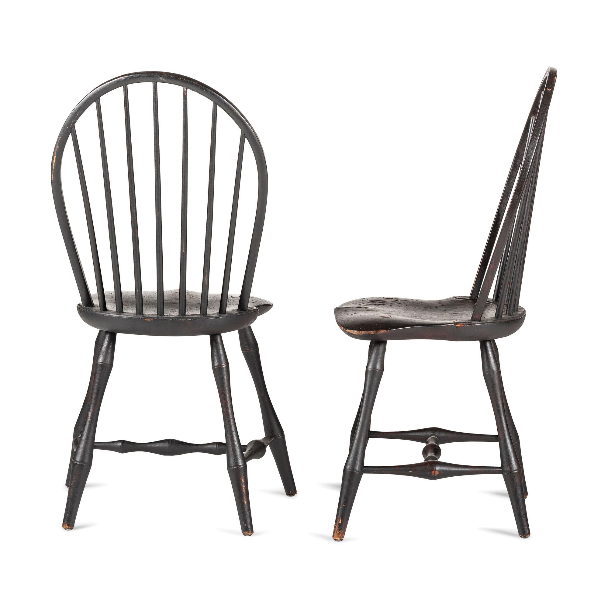 A Set of Six Black-Paint Decorated Compass Seat Bow Back Windsor Side Chairs