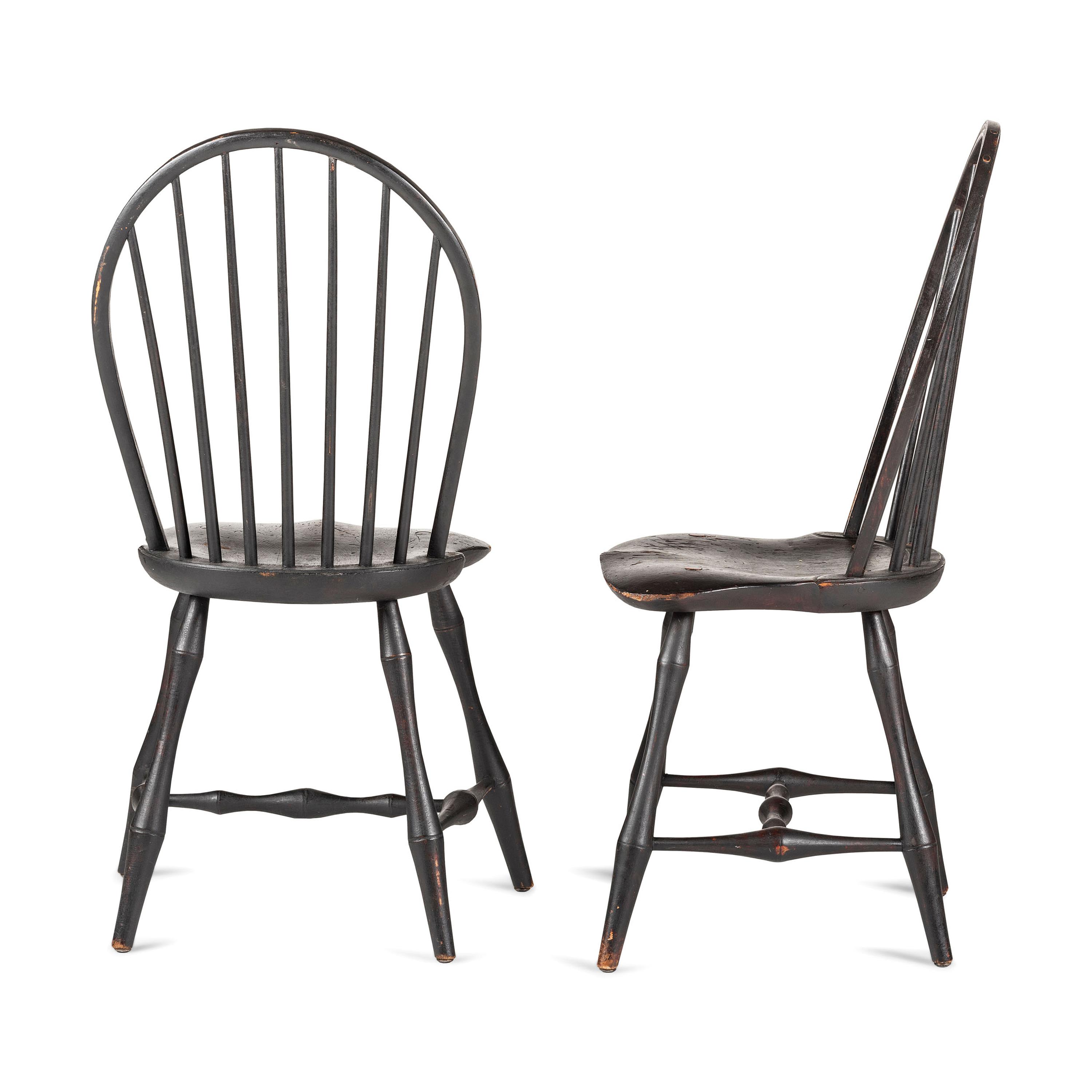 A Set of Six Black-Paint Decorated Compass Seat Bow Back Windsor Side Chairs