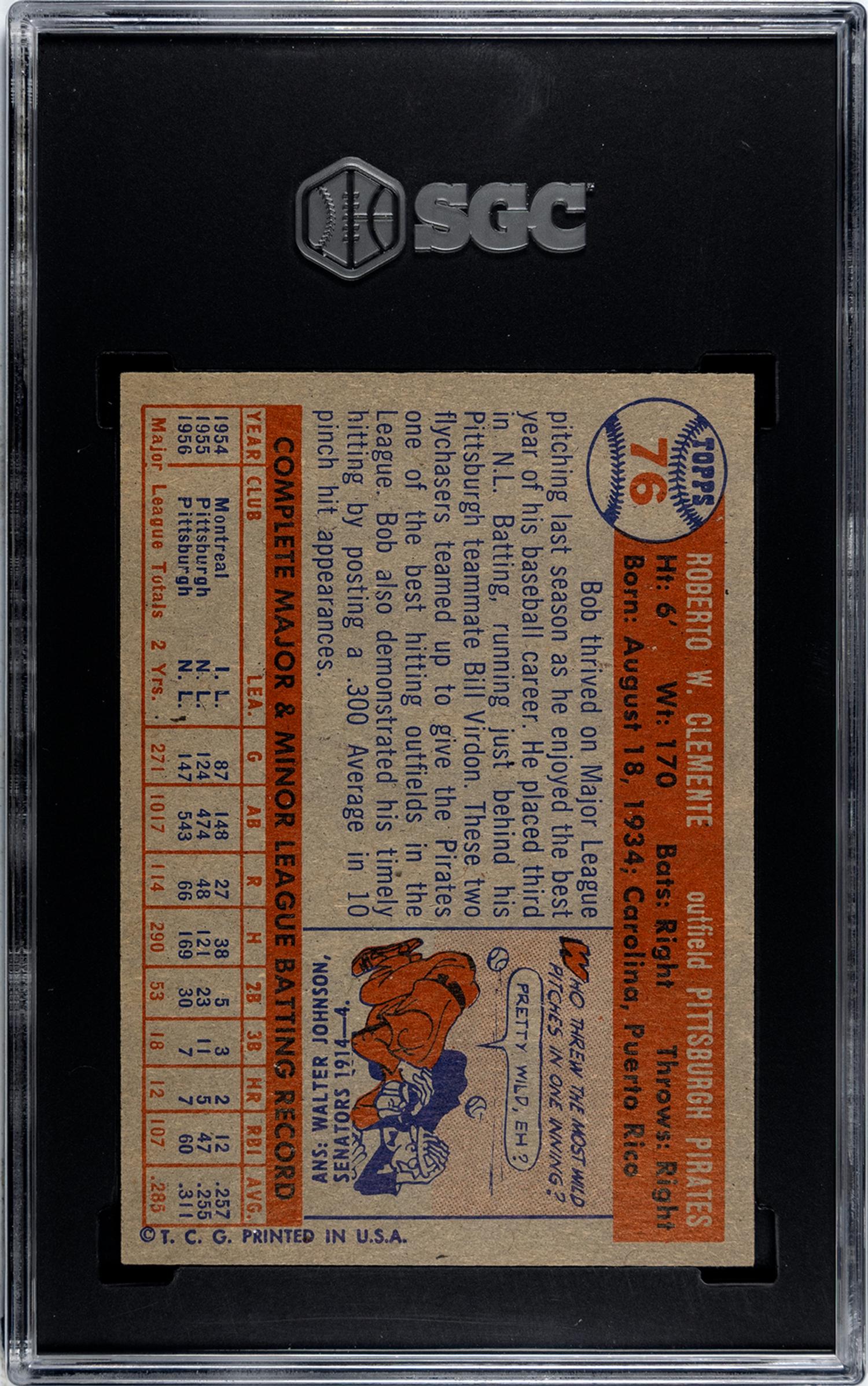 A 1957 Topps Roberto Clemente Baseball Card No. 76 (SGC 7.5 NM+)
