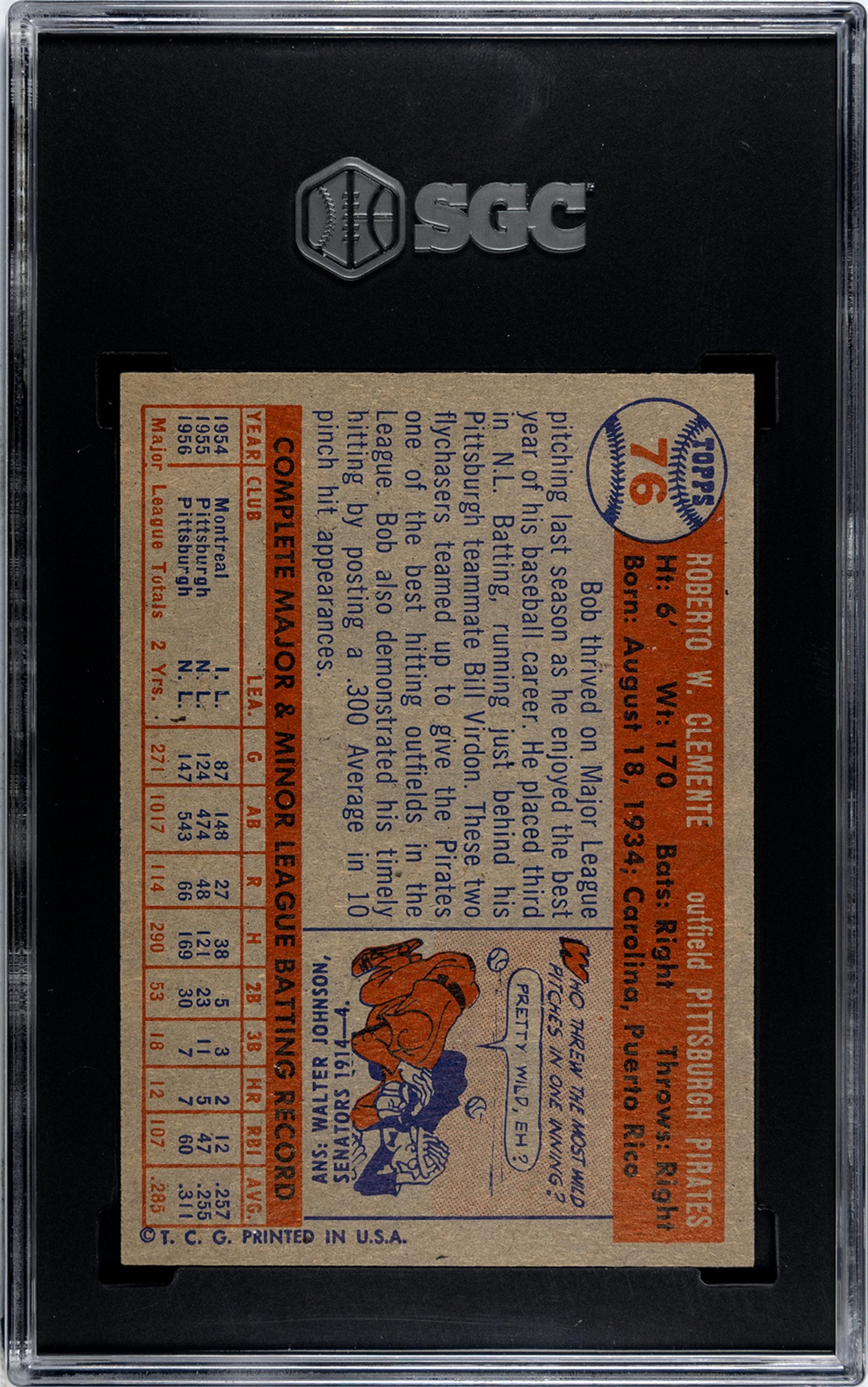 A 1957 Topps Roberto Clemente Baseball Card No. 76 (SGC 7.5 NM+)