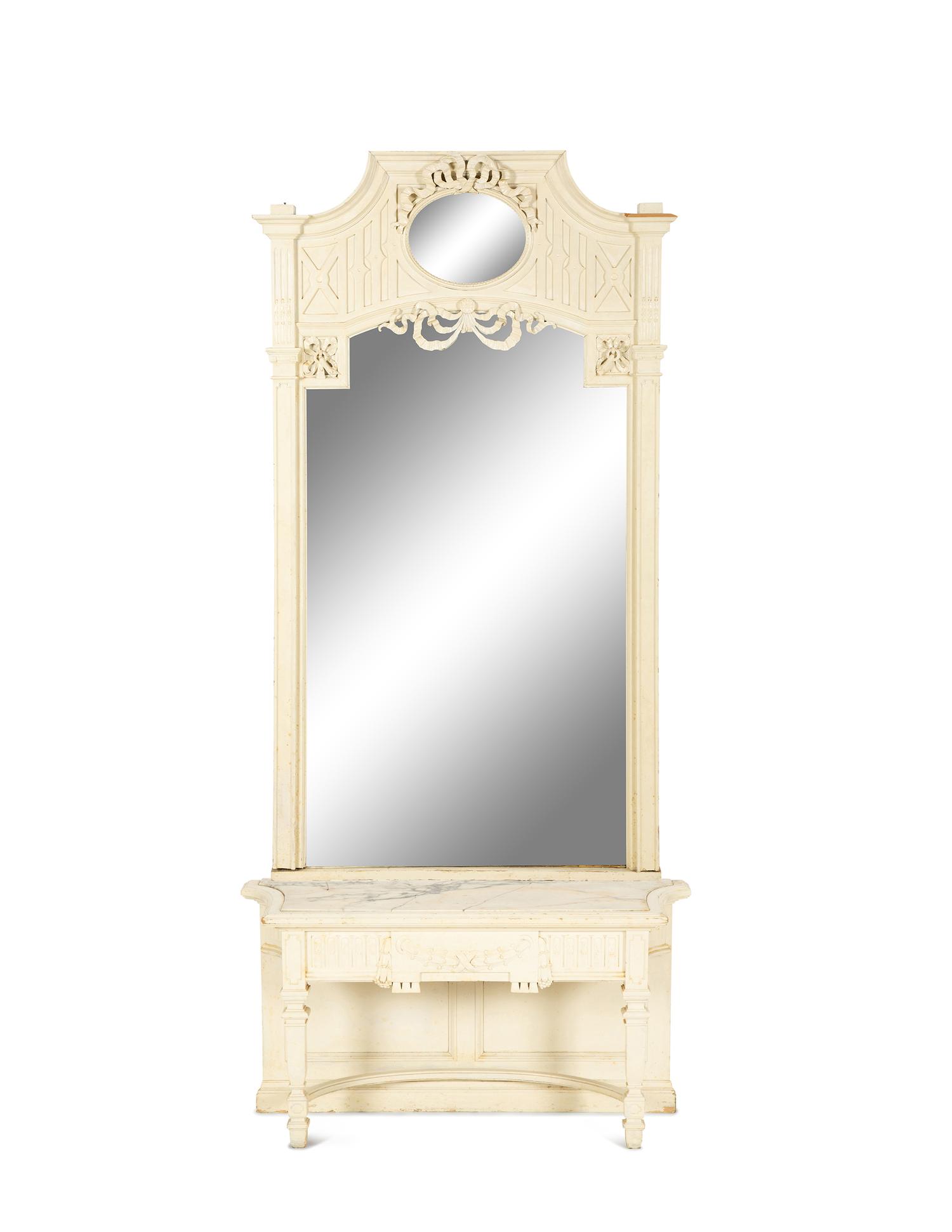 A Continental White Painted Mirrored Door Cabinet on Marble Top Base — Late 19th Century
