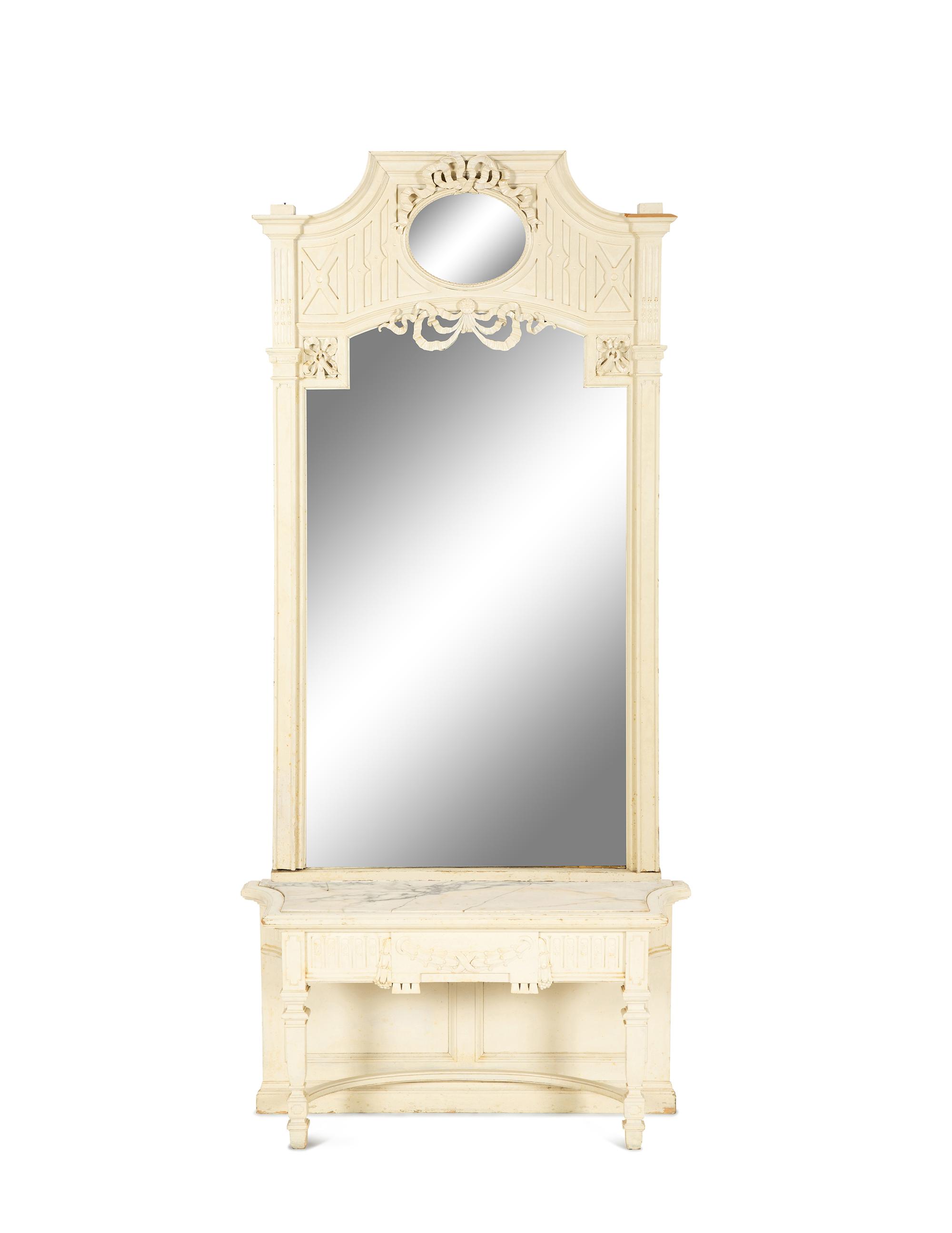 A Continental White Painted Mirrored Door Cabinet on Marble Top Base — Late 19th Century