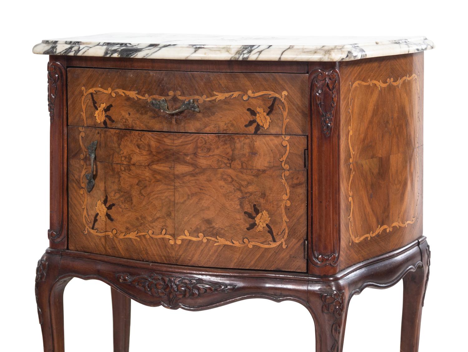 A Pair of Italian Burlwood Marble-Top Commodini