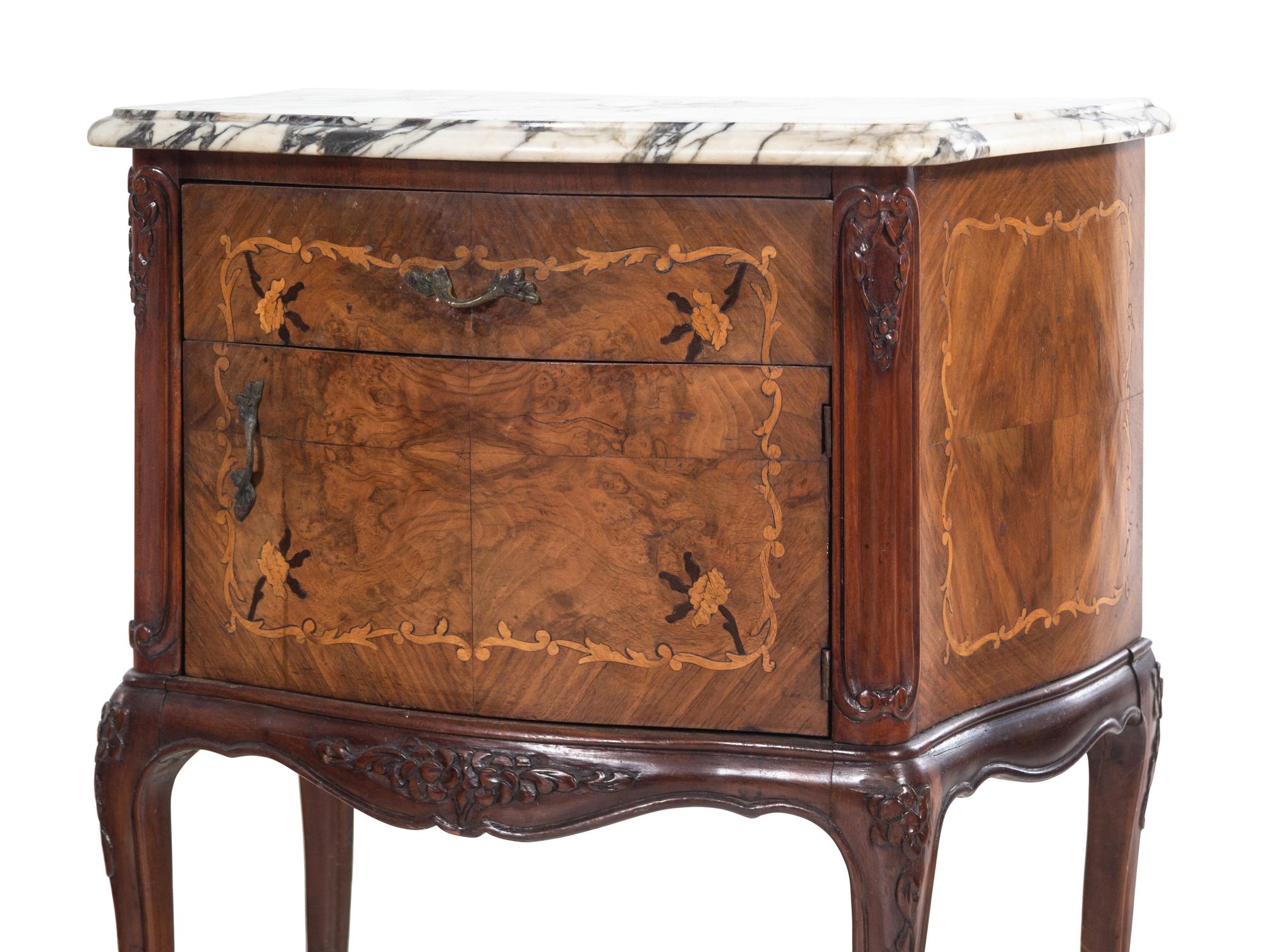 A Pair of Italian Burlwood Marble-Top Commodini