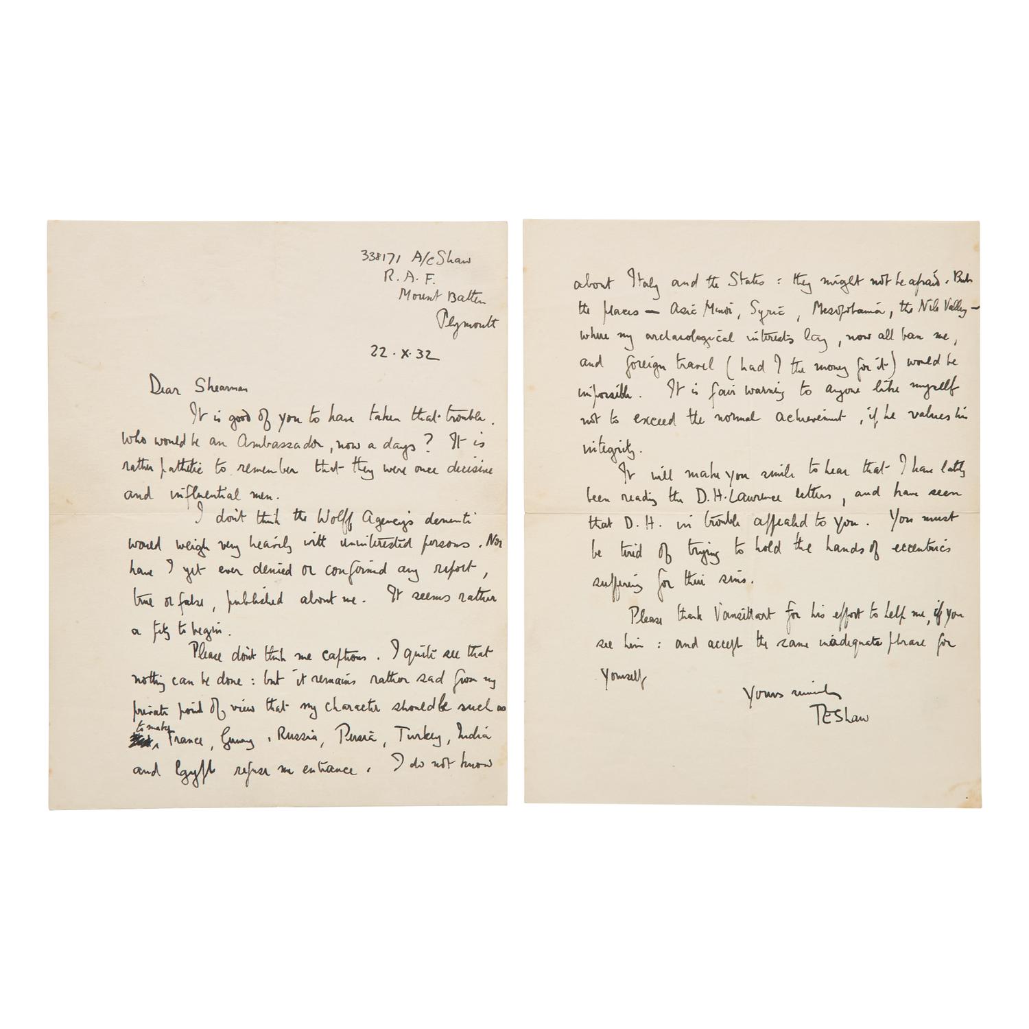 [Literature] [Lawrence, T.E.] Shaw, T.E. Autograph Letter, signed
