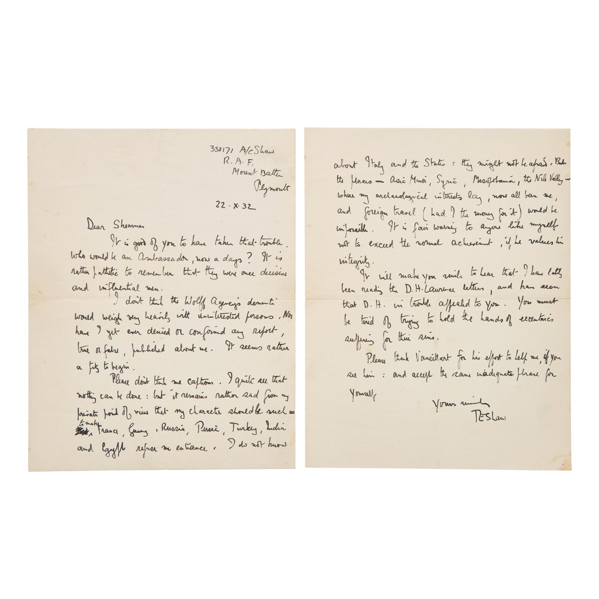 [Literature] [Lawrence, T.E.] Shaw, T.E. Autograph Letter, signed