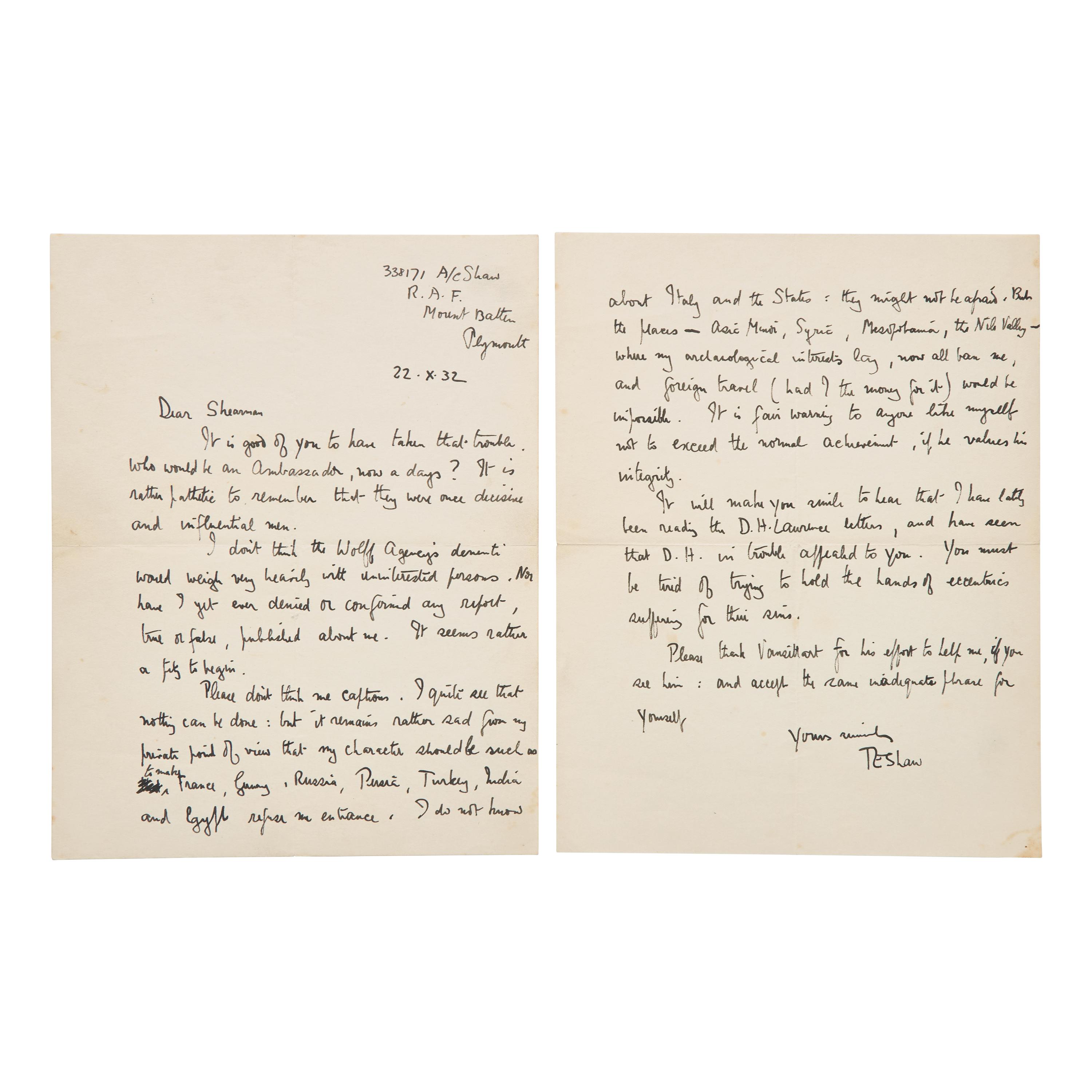 [Literature] [Lawrence, T.E.] Shaw, T.E. Autograph Letter, signed