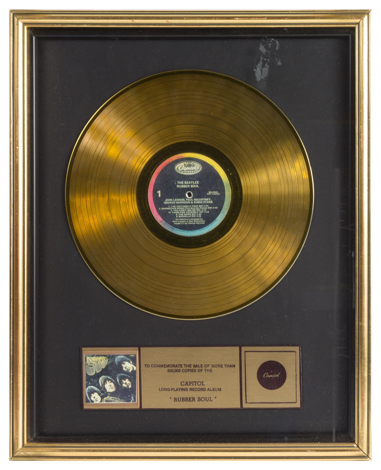 A The Beatles: Rubber Soul Certified Gold Album 21 1/4 x 17 1/4 inches.