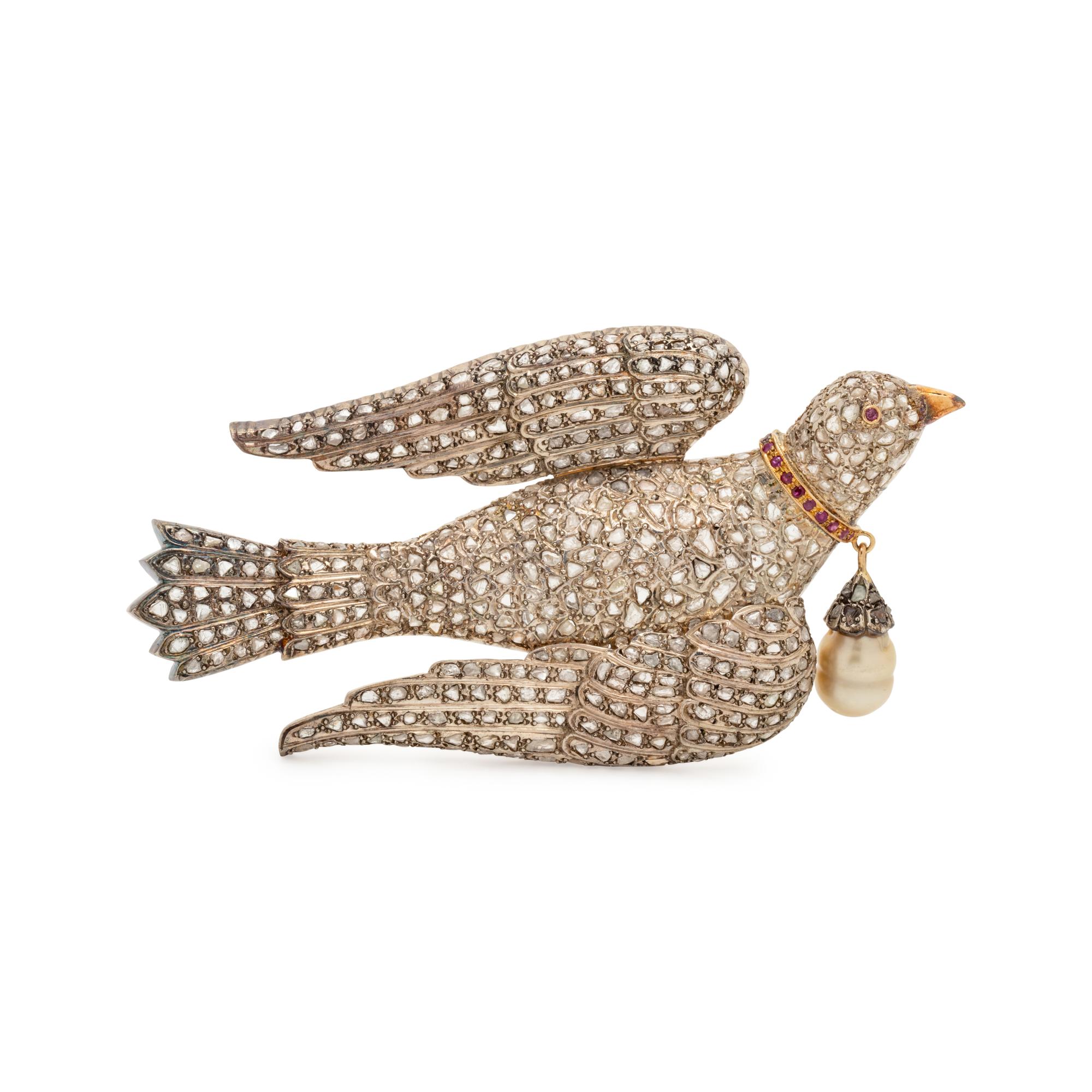 DIAMOND AND GEMSTONE BIRD BROOCH