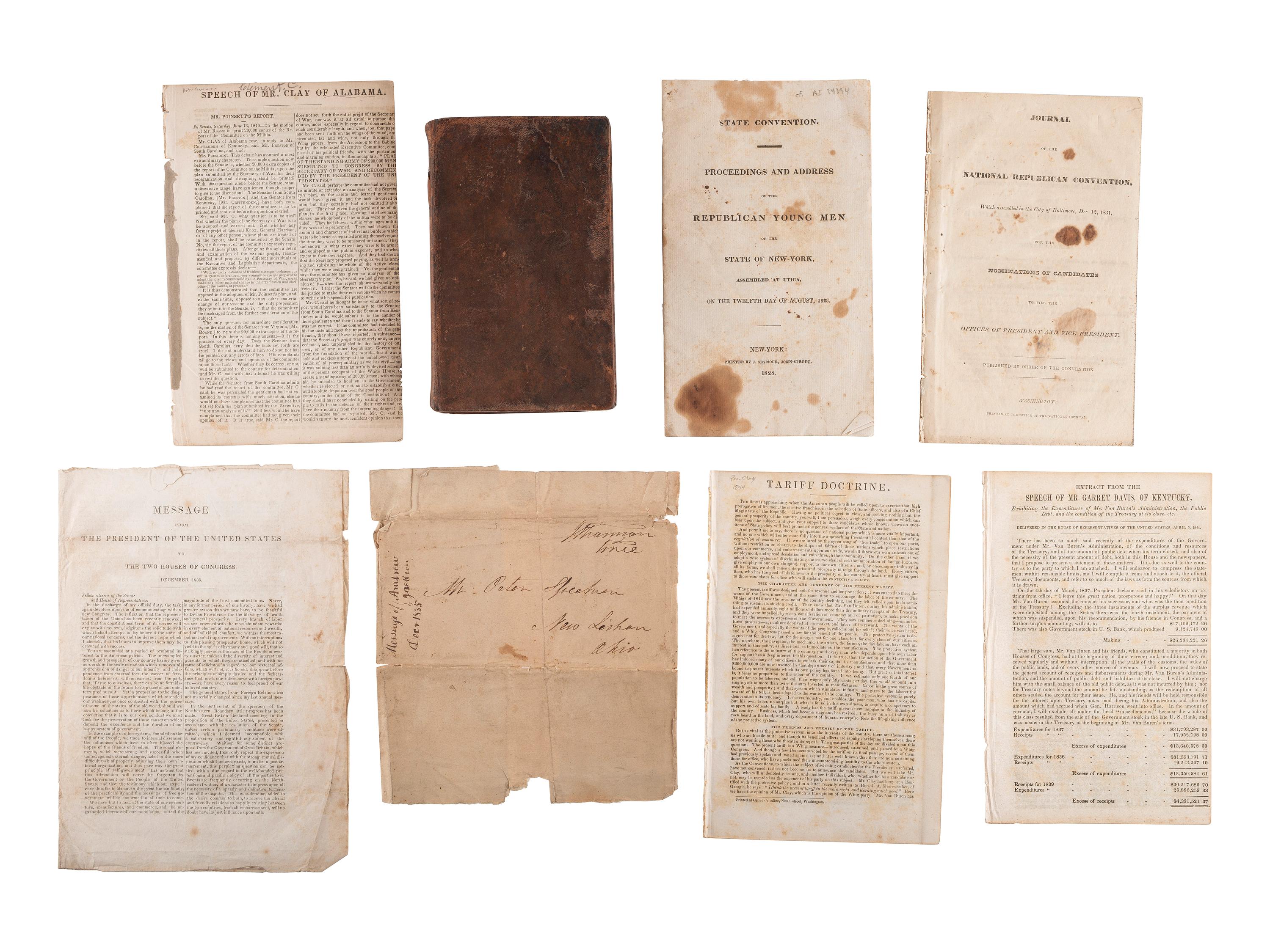 [POLITICS IN AMERICA]. A group of pamphlets, glass plates, and other ephemera related to Andrew Jackson, Henry Clay, and American politics of the 1840s, comprising: