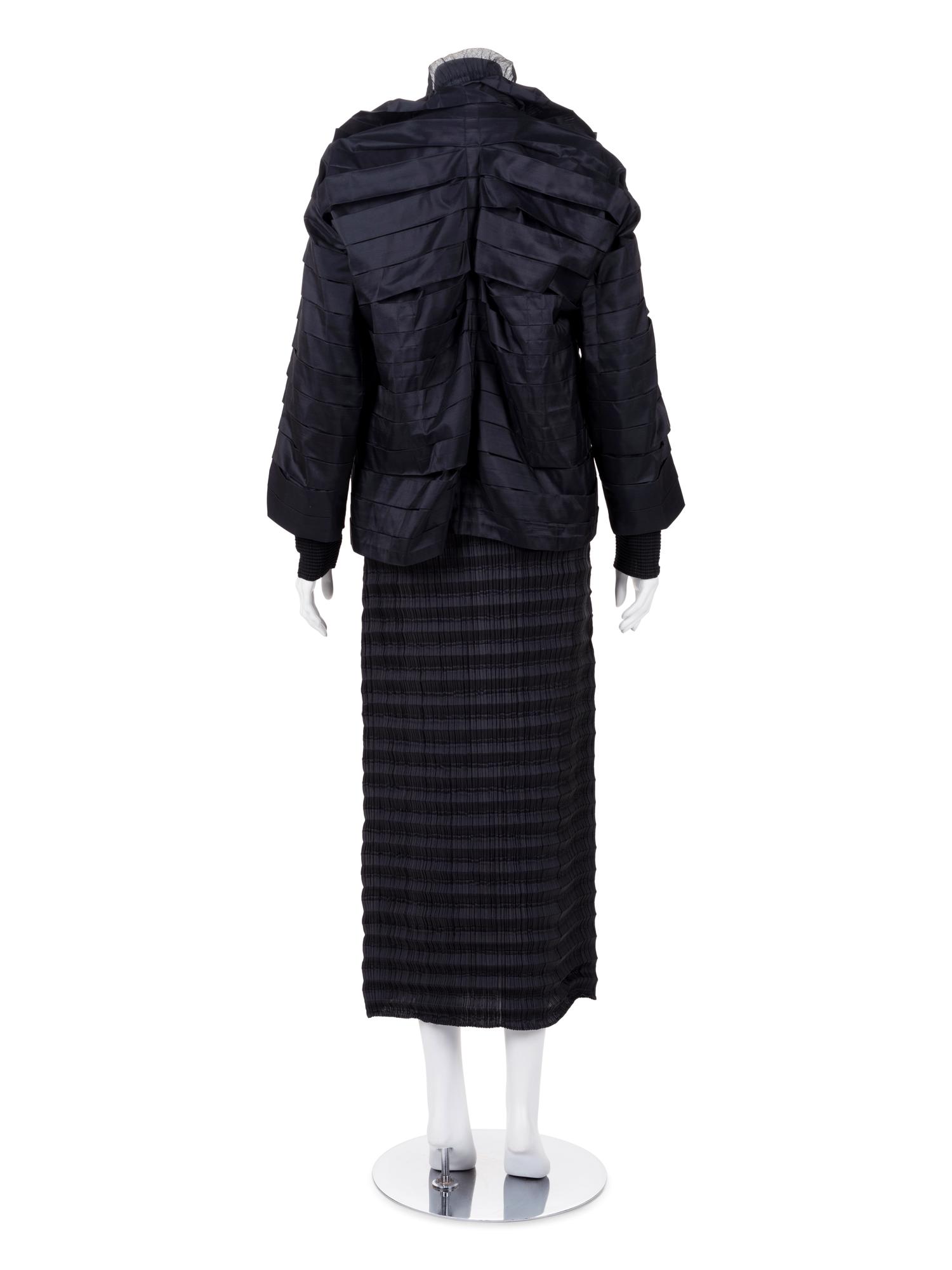 Three Issey Miyake Pleated Items: One Jacket, One Top, and One Skirt