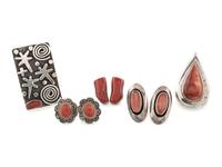 Navajo and Southwestern-style Silver Ring, Pendant, and Post Earrings, set with Coral and Spiny Oyster