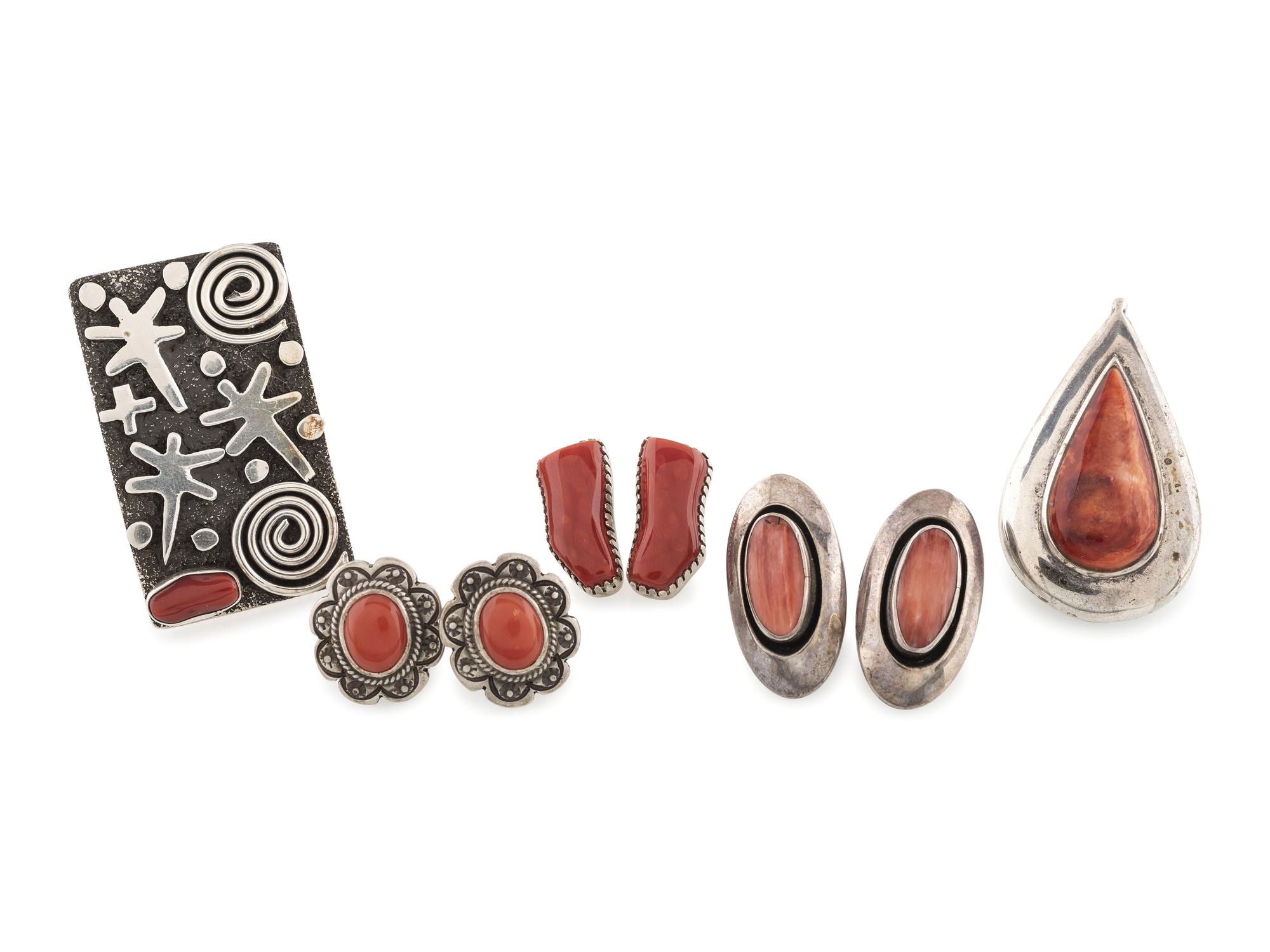 Navajo and Southwestern-style Silver Ring, Pendant, and Post Earrings, set with Coral and Spiny Oyster