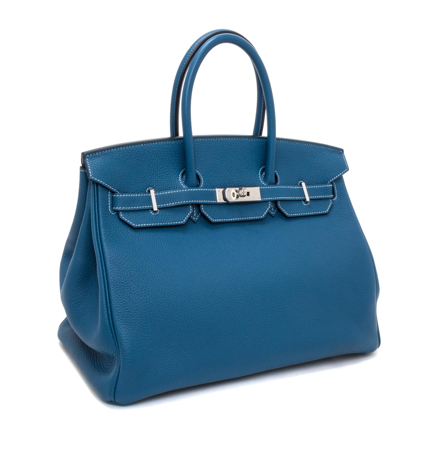 An Hermes Bleu Galice Togo 35cm Birkin Handbag, 14" x 10" x 7".