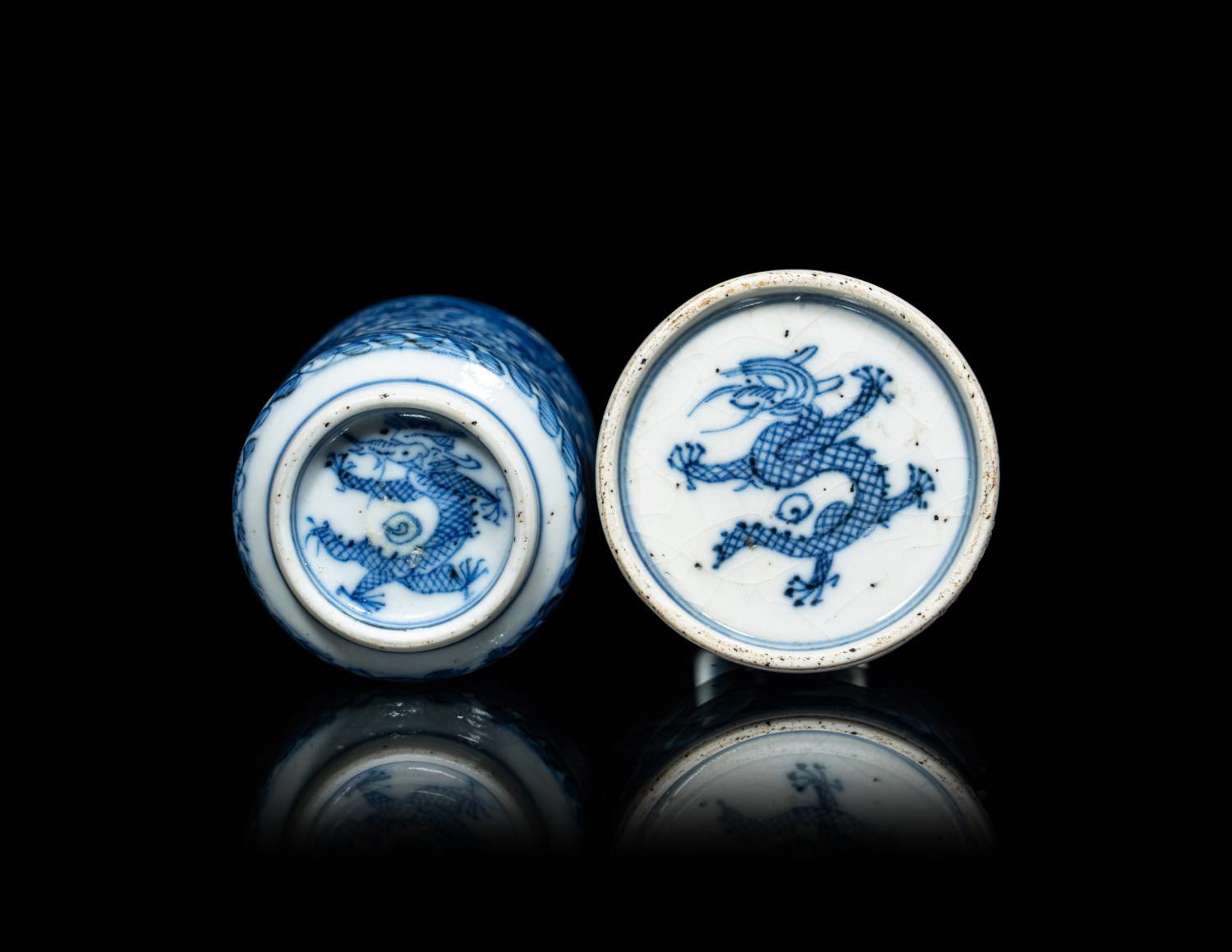 Two Chinese Blue and White Porcelain 'Dragon' Snuff Bottles