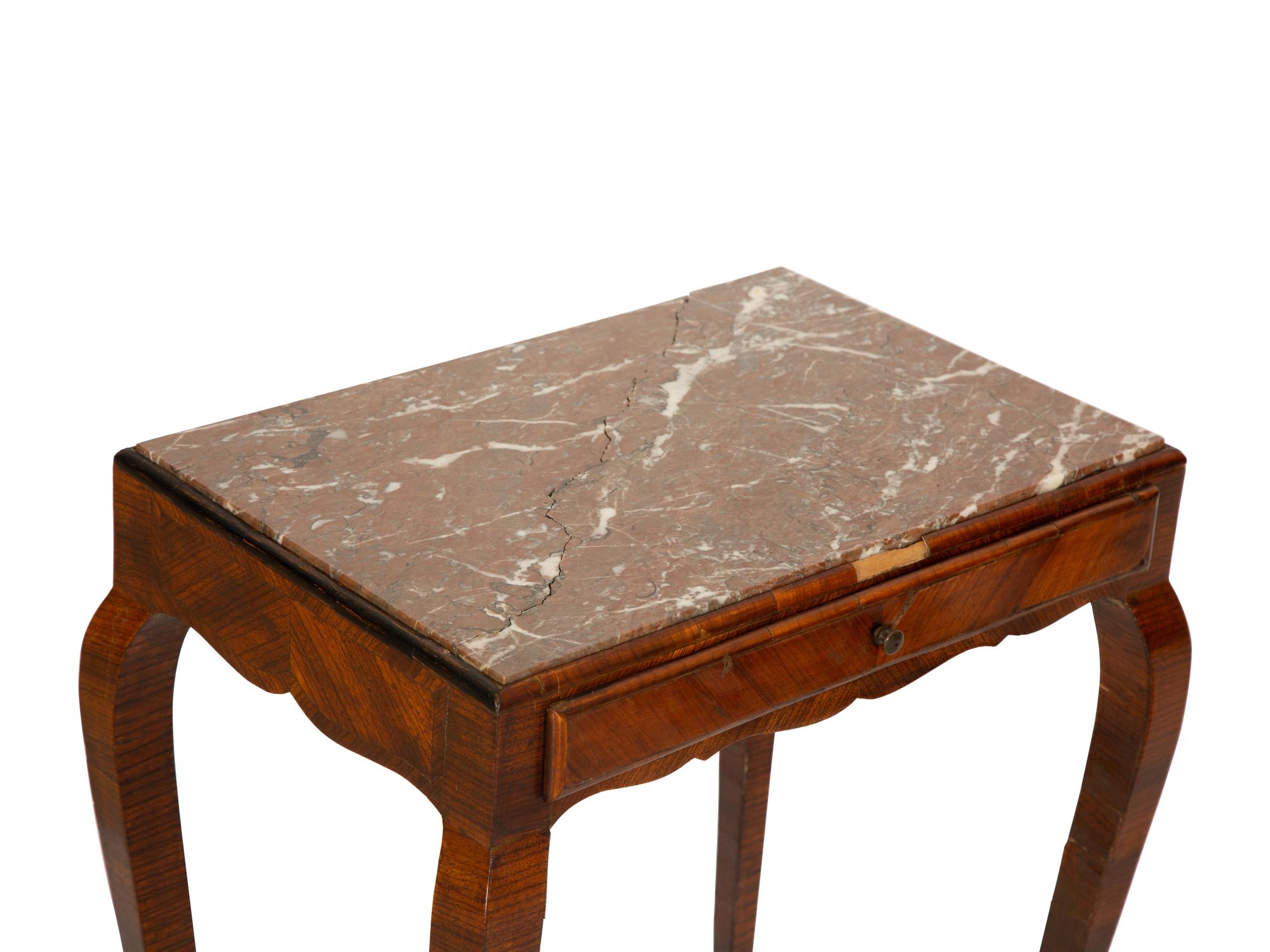 A Three Tier Walnut Serving Stand and a Louis XV Style Marble Top Parquetry Side Table