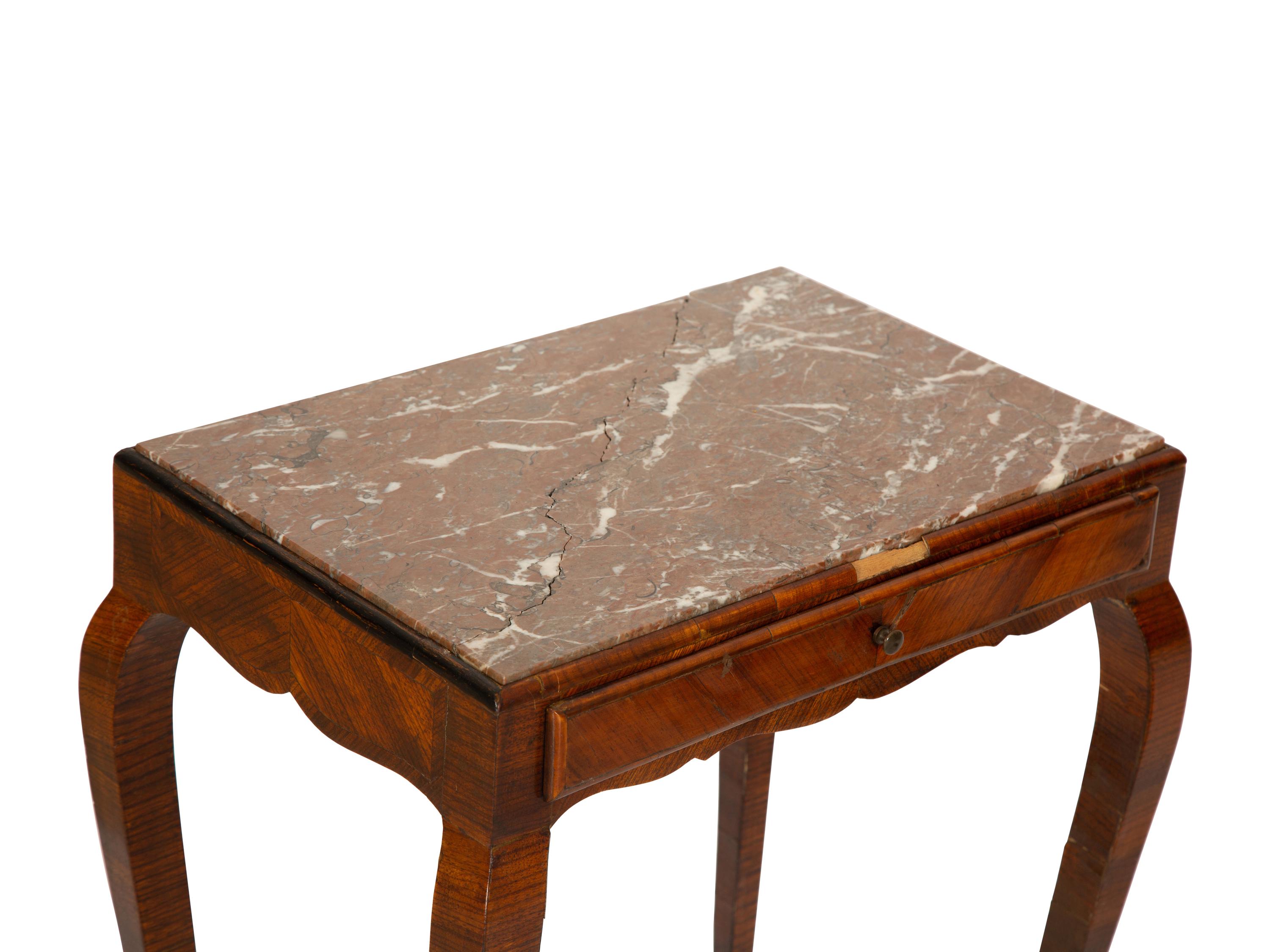 A Three Tier Walnut Serving Stand and a Louis XV Style Marble Top Parquetry Side Table