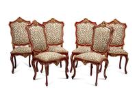 A Set of Six Italian Rococo Red-Painted and Parcel Gilt Dining Chairs