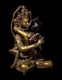 A Sino-Tibetan Hardstone Inset Gilt Bronze Figure of a Seated Bodhisattva and Consort