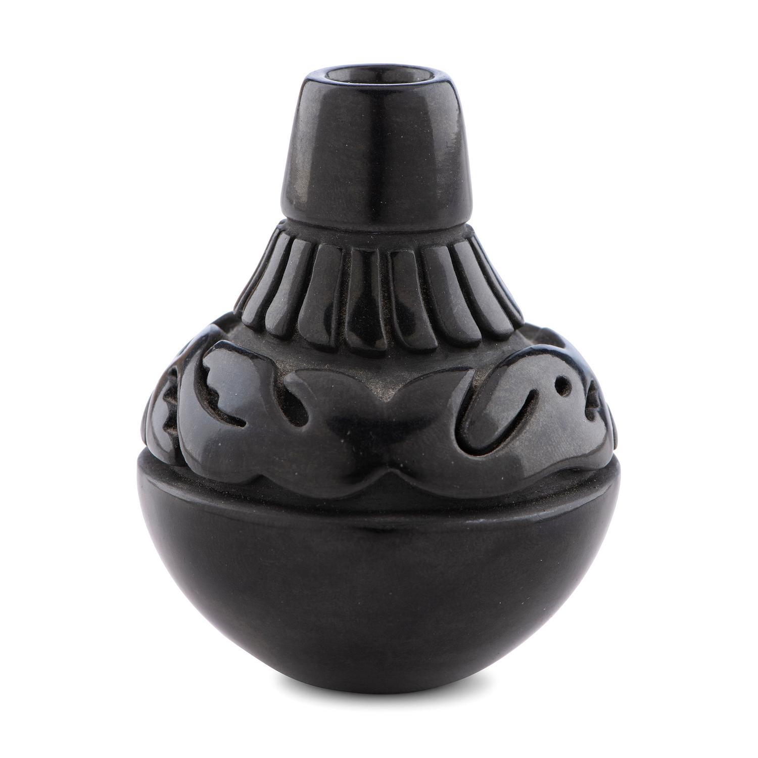 Miniature Blackware Pottery Vase, Carved with Avanyu , 1977
