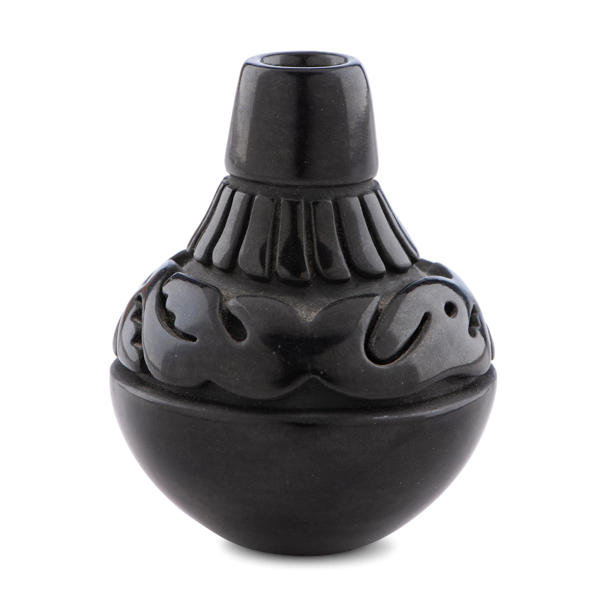 Miniature Blackware Pottery Vase, Carved with Avanyu , 1977