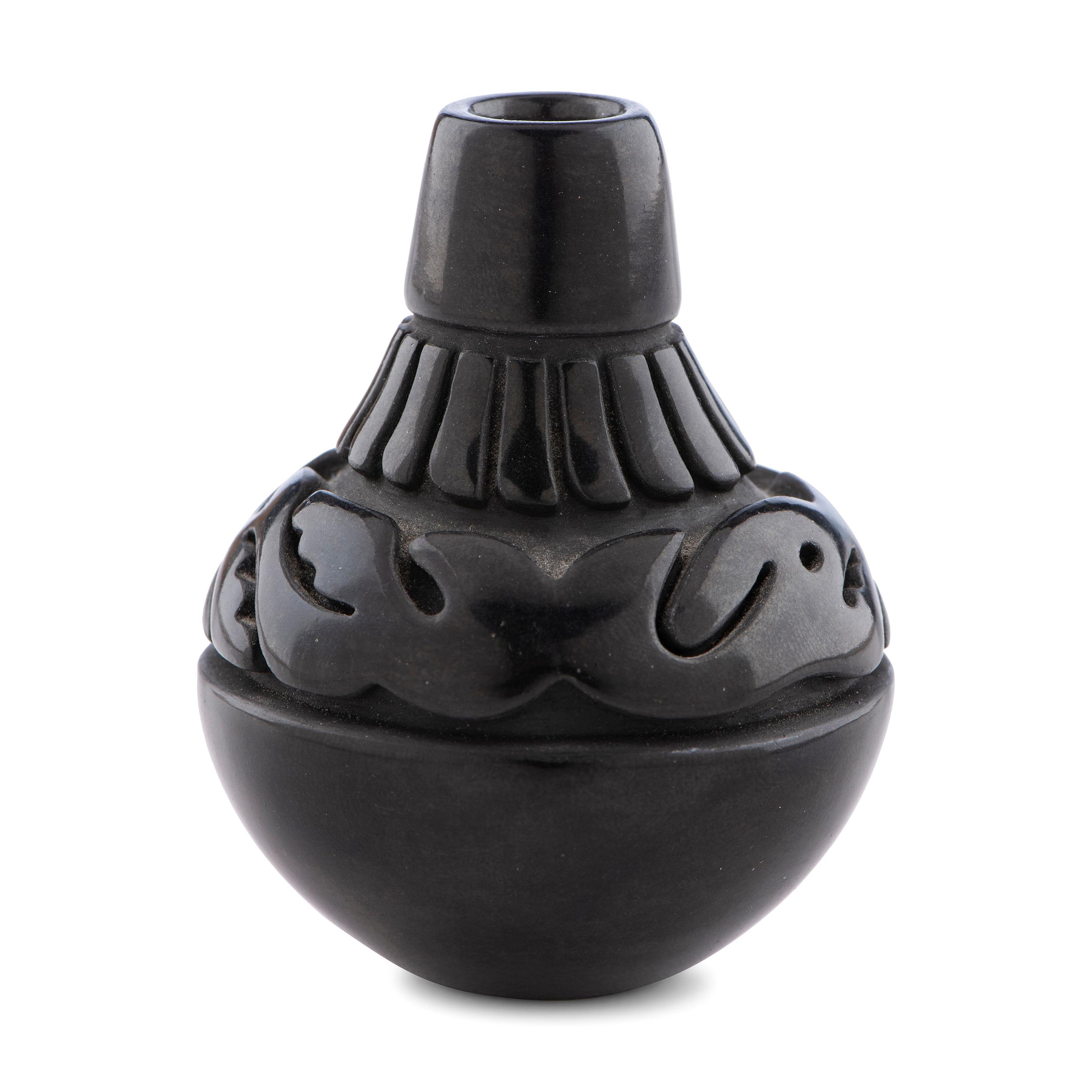Miniature Blackware Pottery Vase, Carved with Avanyu , 1977