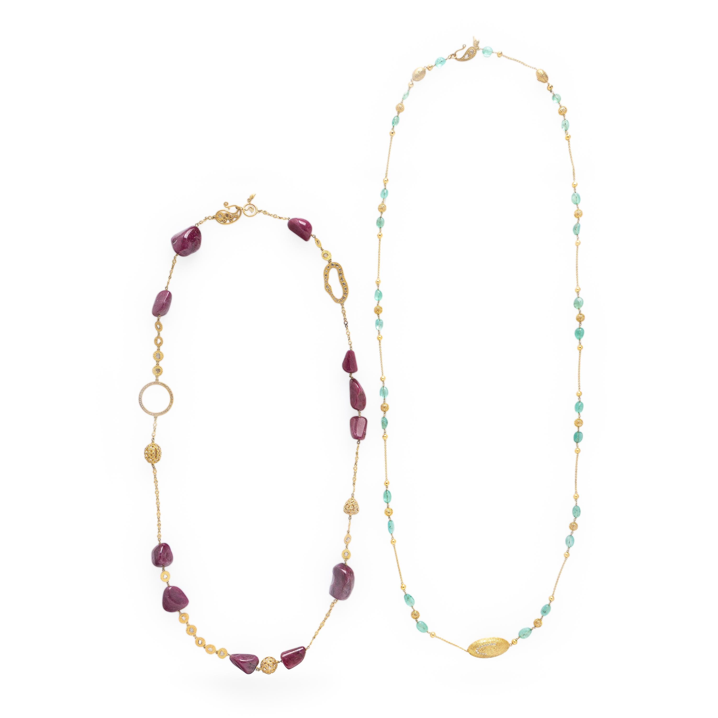 Coomi, Two High Karat Yellow Gold, Multigem, and Diamond Bead Necklaces