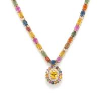 MULTICOLORED SAPPHIRE, DIAMOND, AND YELLOW GOLD PENDANT NECKLACE