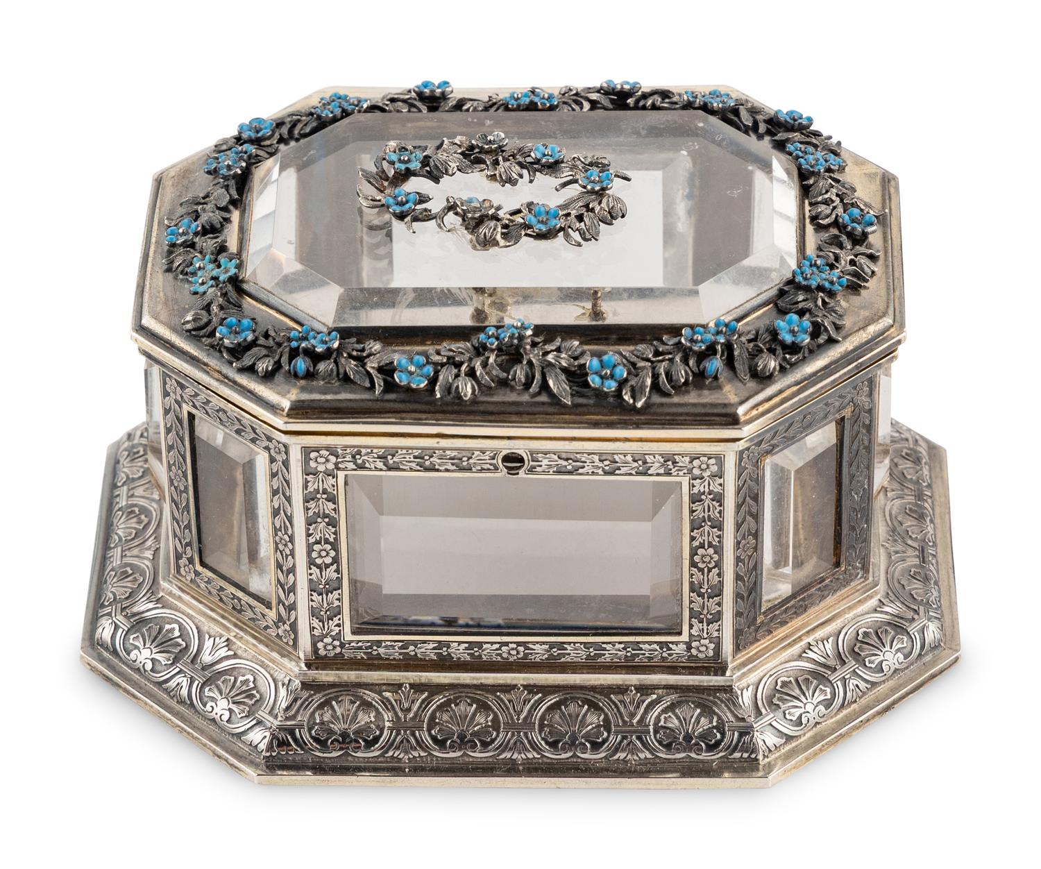 A Continental Enameled Silver and Rock Crystal Mounted Small Box