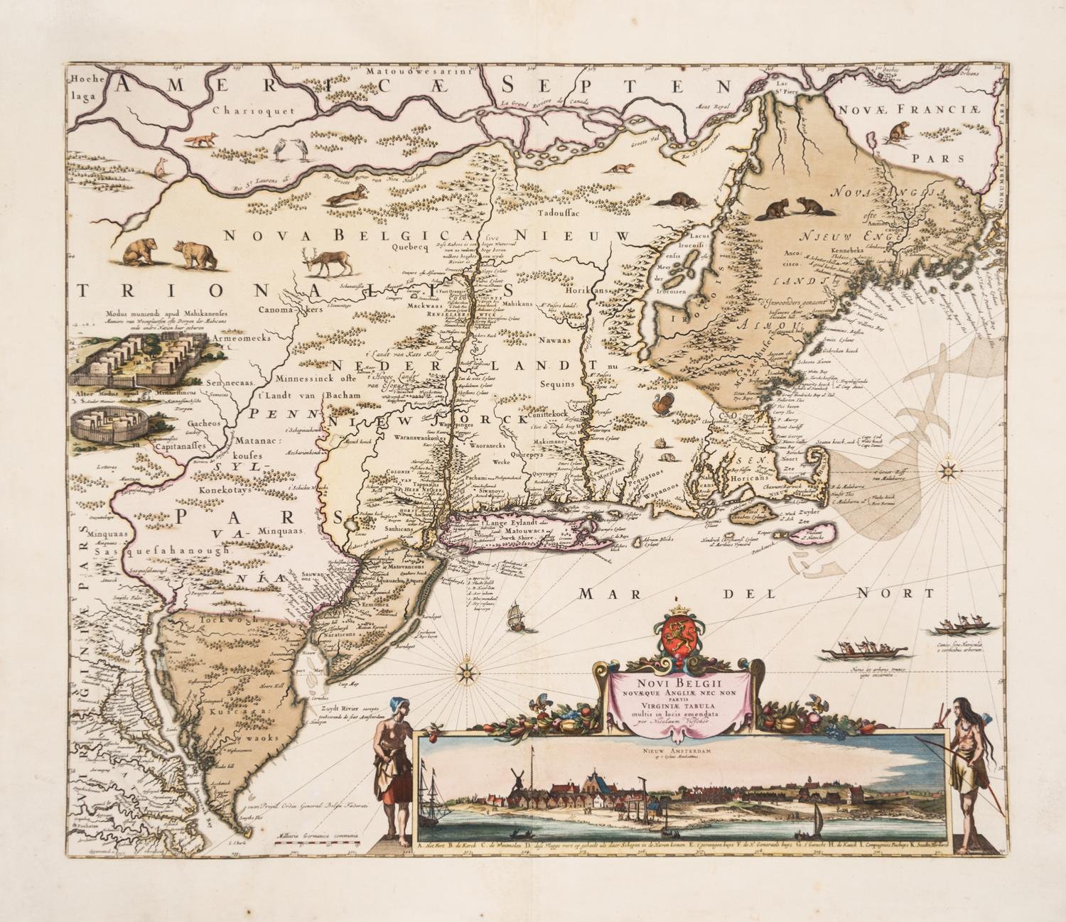 (MAP) VISSCHER, NICHOLAUS. Novi Belgii Novaeque Angliae... Amsterdam, 1684. Engraved map w/hand-coloring.