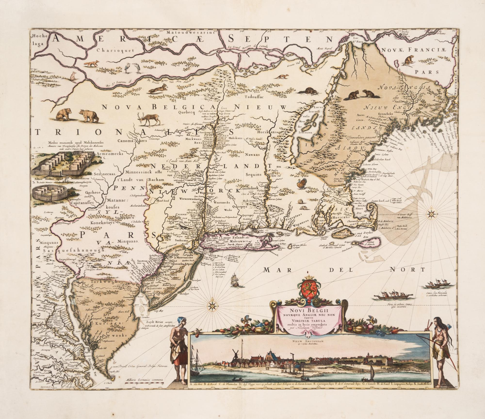 (MAP) VISSCHER, NICHOLAUS. Novi Belgii Novaeque Angliae... Amsterdam, 1684. Engraved map w/hand-coloring.