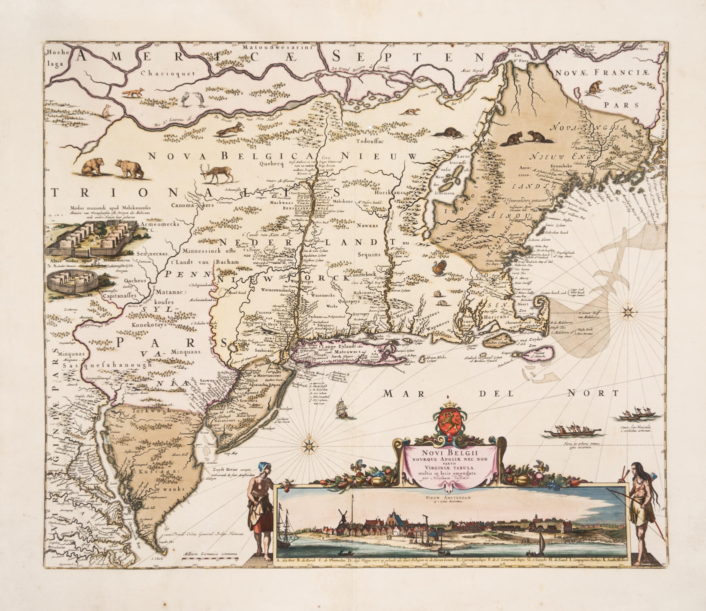 (MAP) VISSCHER, NICHOLAUS. Novi Belgii Novaeque Angliae... Amsterdam, 1684. Engraved map w/hand-coloring.