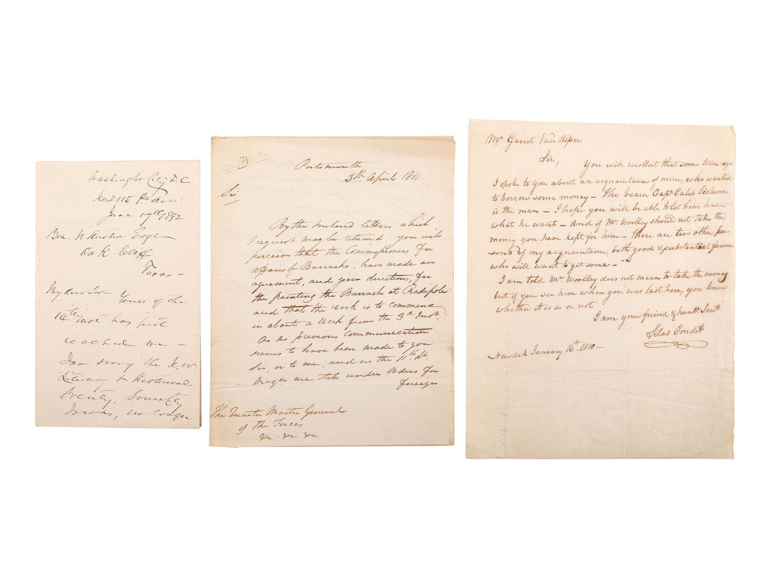 [AMERICANA]. A group of assorted 19th-century documents highlighted by a manuscript copy of instructions from the prominent commercial shipping firm of N.L. & G. Griswold to Captain Smith regarding a voyage to Liverpool, 7 April 1812.