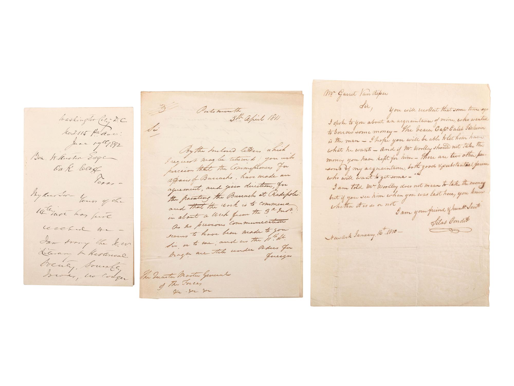 [AMERICANA]. A group of assorted 19th-century documents highlighted by a manuscript copy of instructions from the prominent commercial shipping firm of N.L. & G. Griswold to Captain Smith regarding a voyage to Liverpool, 7 April 1812.