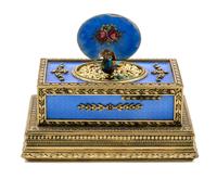 A Swiss Gilt Bronze and Guilloche Enamel Singing Bird Automaton Box Width 4 1/2 inches.