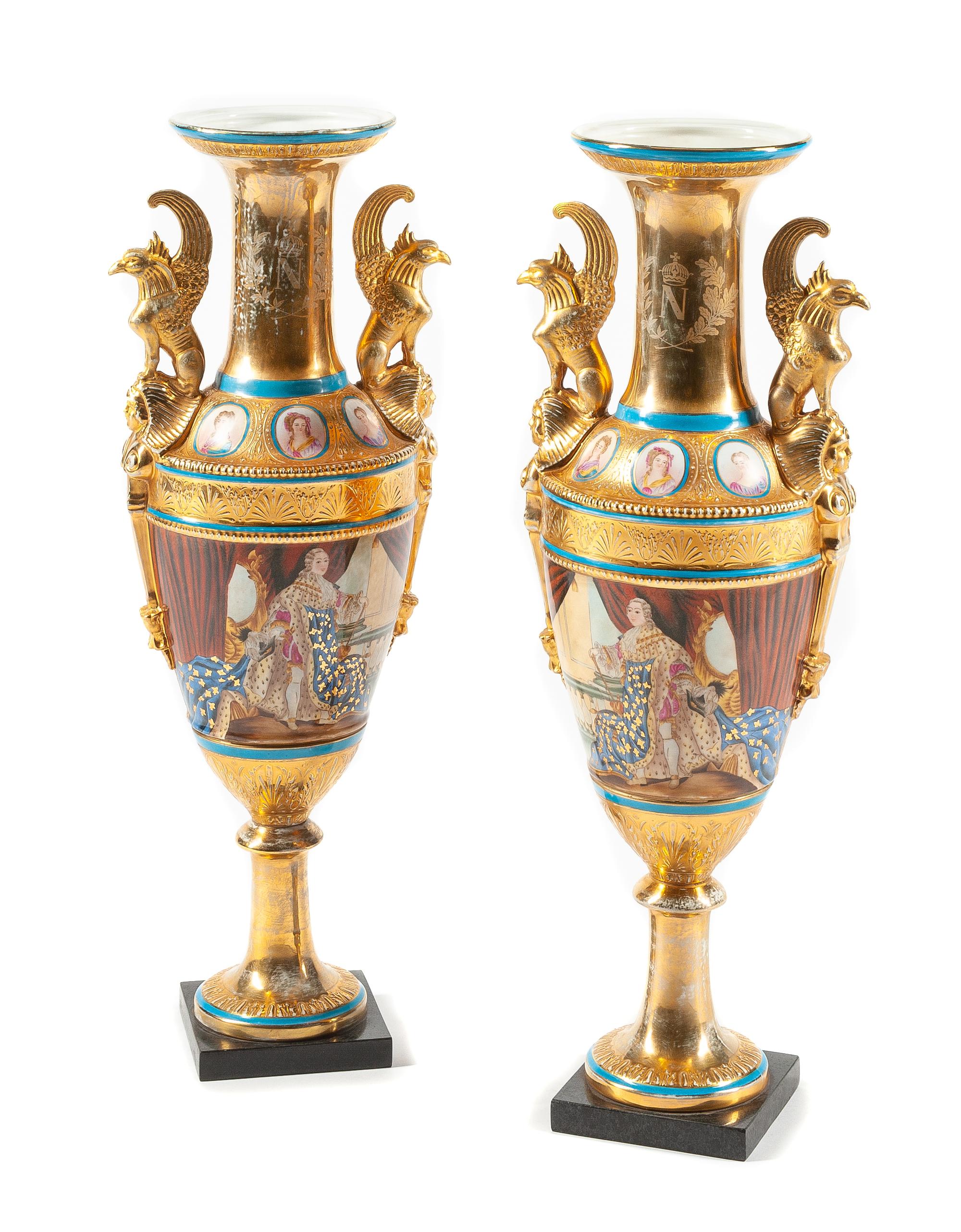 A Pair of Empire Style Porcelain Vases Height 25 inches.